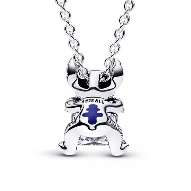 Silver chain necklace with a small dog-shaped pendant, inspired by Stitch, featuring a blue cross on its chest.