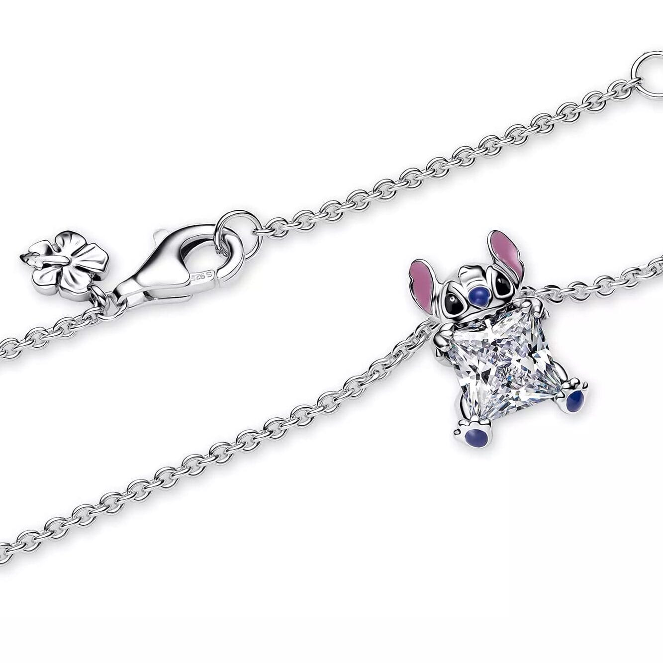 Silver chain bracelet with a Stitch Pandora Jewelry charm, featuring pink ears and a square gemstone body.
