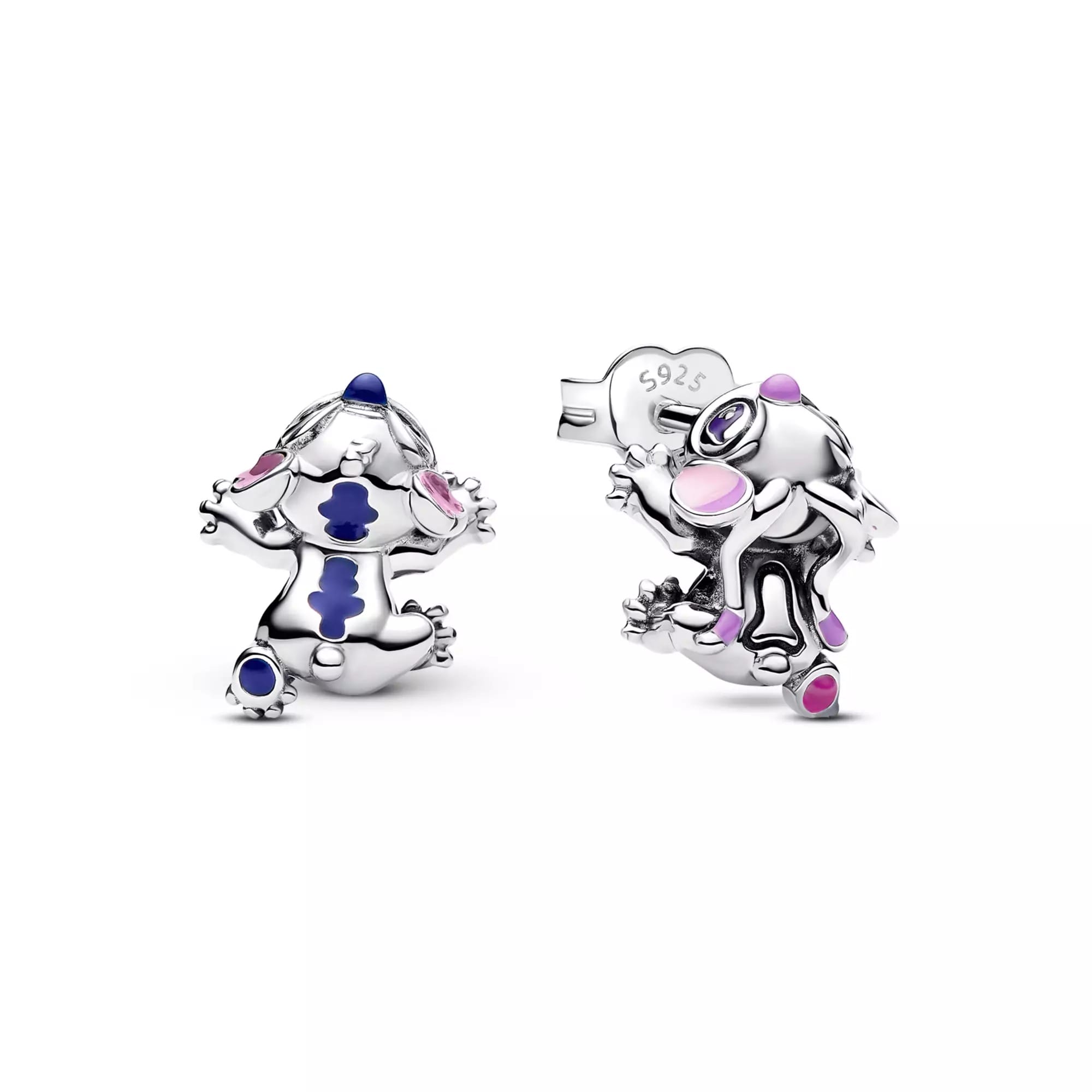 Silver stud earrings shaped like Stitch, with blue and pink enamel, inspired by Disney Store exclusives.