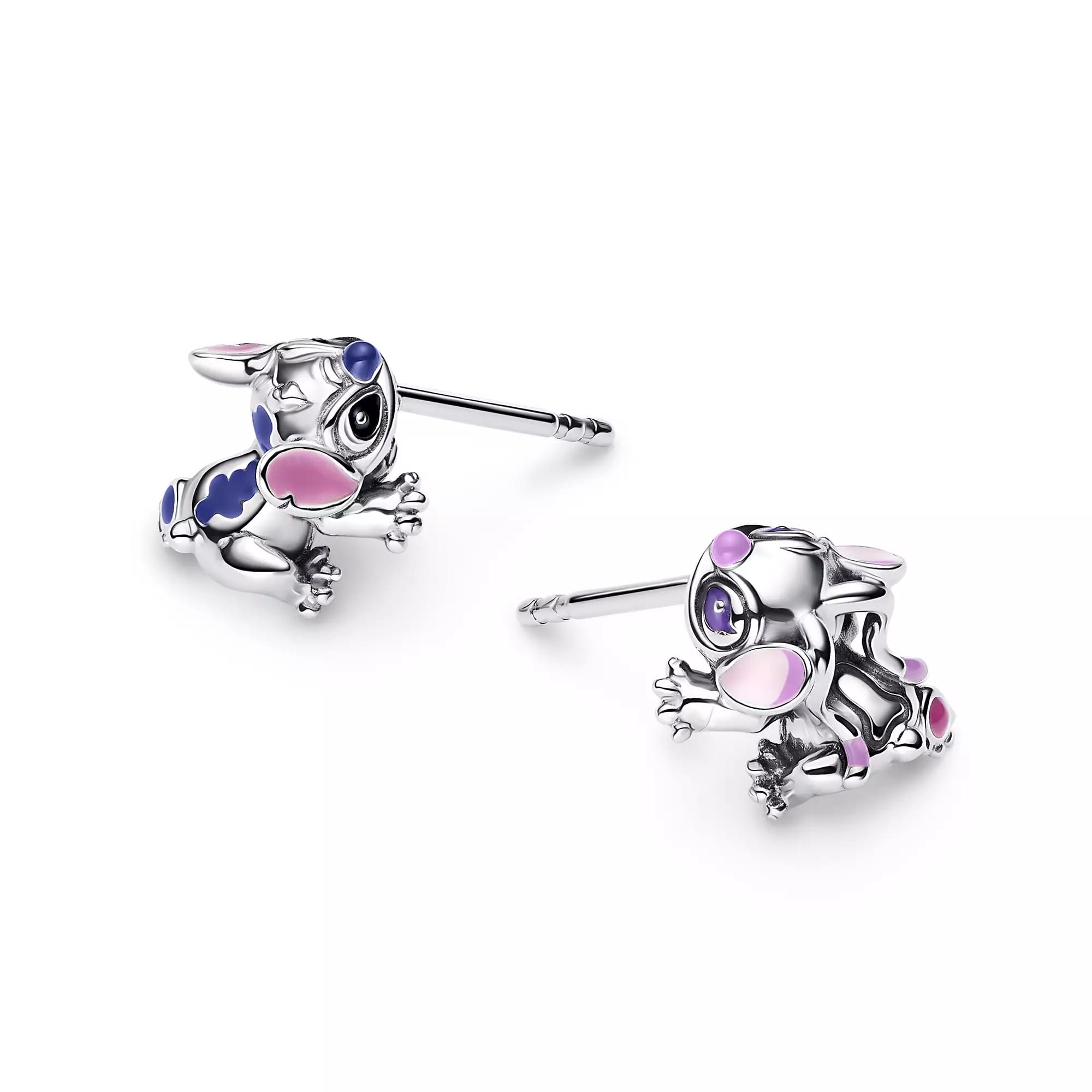 Pair of silver stud earrings shaped like playful puppies, available online at Disney Store.