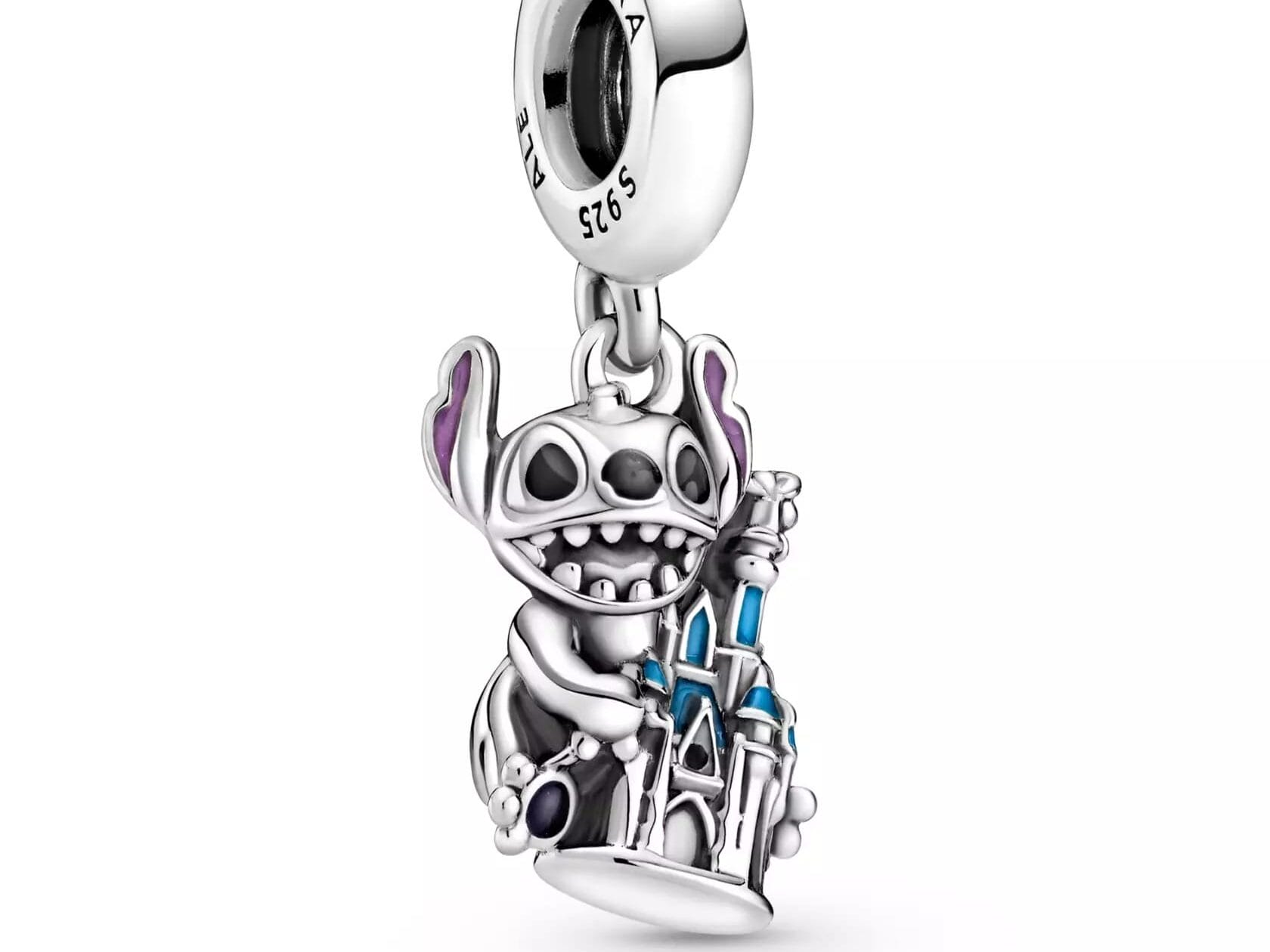 Stitch Pandora Jewelry charm featuring Stitch holding a blue and silver castle, from the Disney Store New Collection.