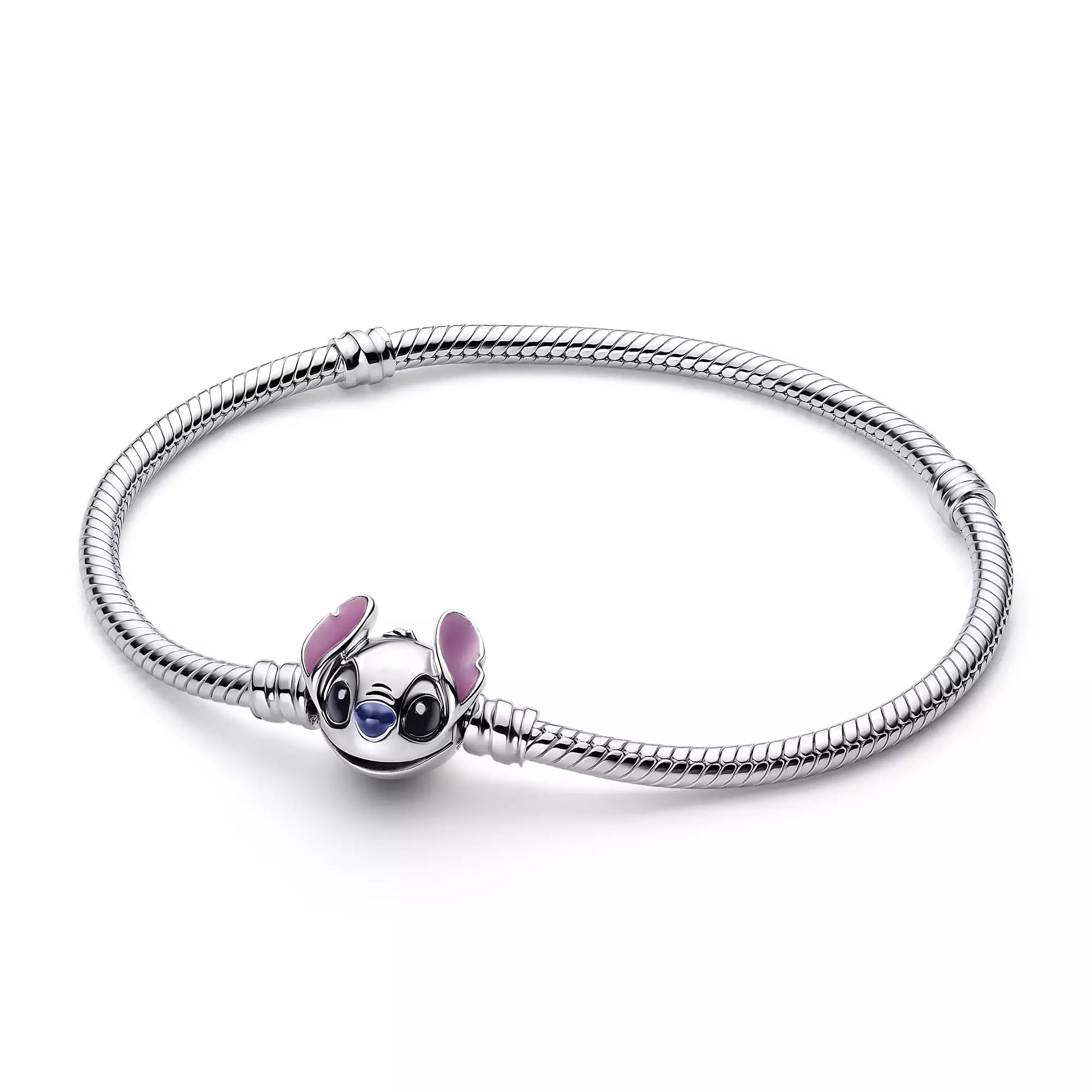 Silver bracelet with Stitch’s face charm—purple ears, blue nose—from the Disney Store’s Stitch Pandora Jewelry New Collection.