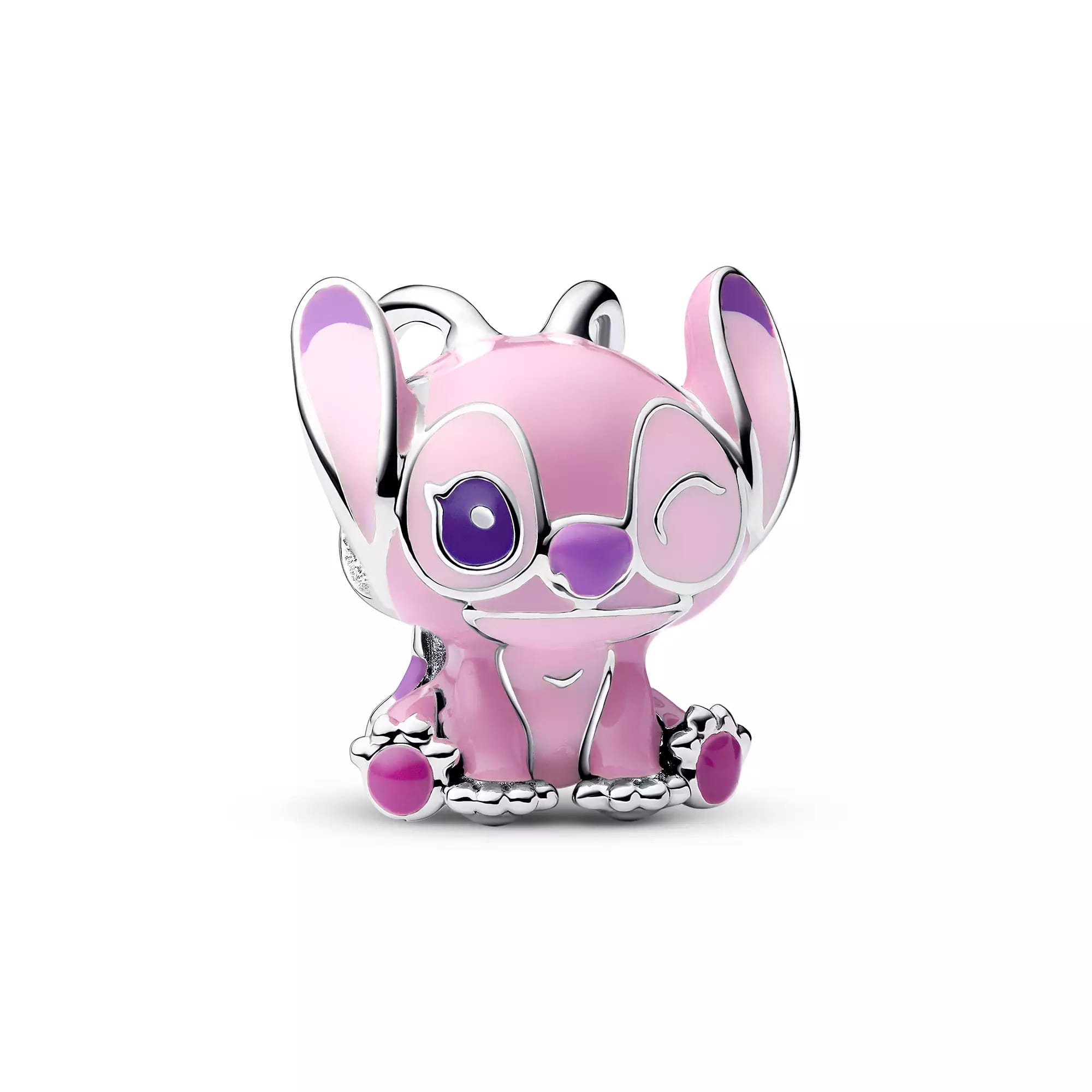 A pink, silver-outlined Stitch Pandora Jewelry charm winking, with purple details, from the New Collection.
