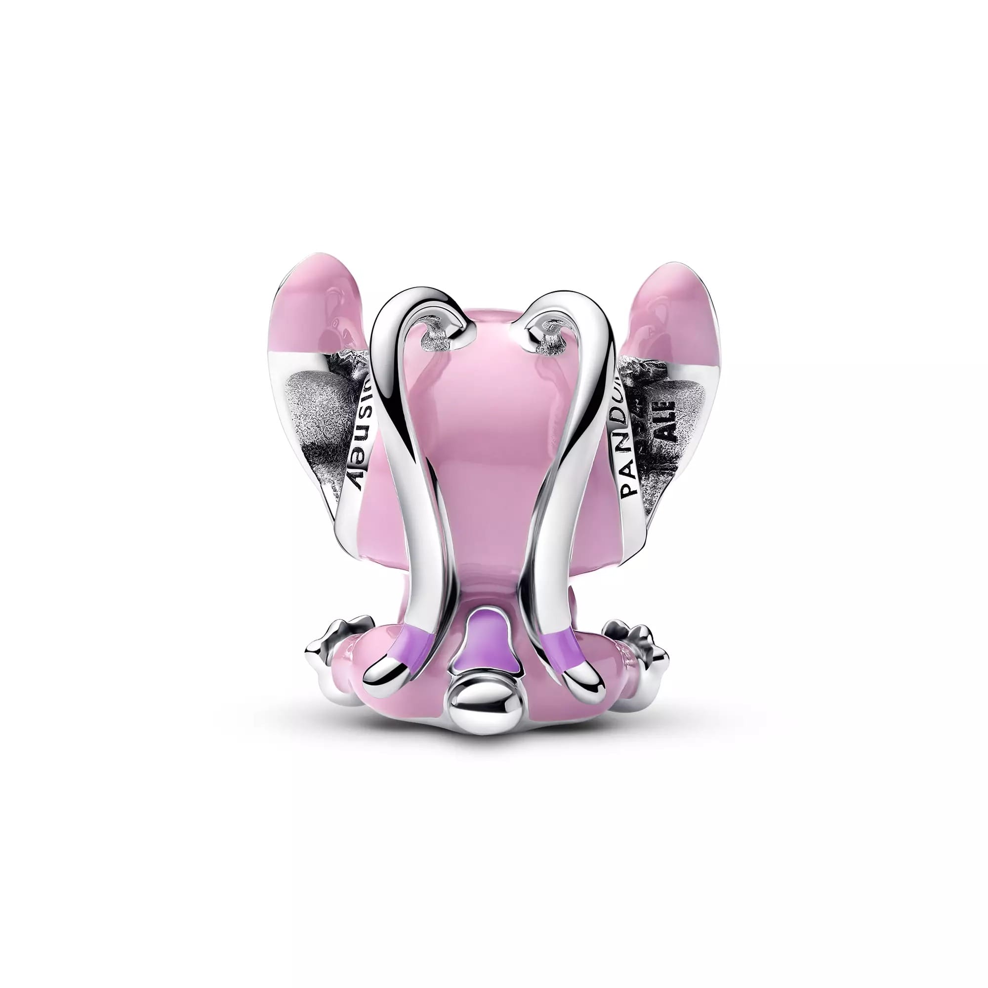 A pink and silver elephant charm by Pandora Jewelry with "PANDORA" on its ear, viewed from behind.