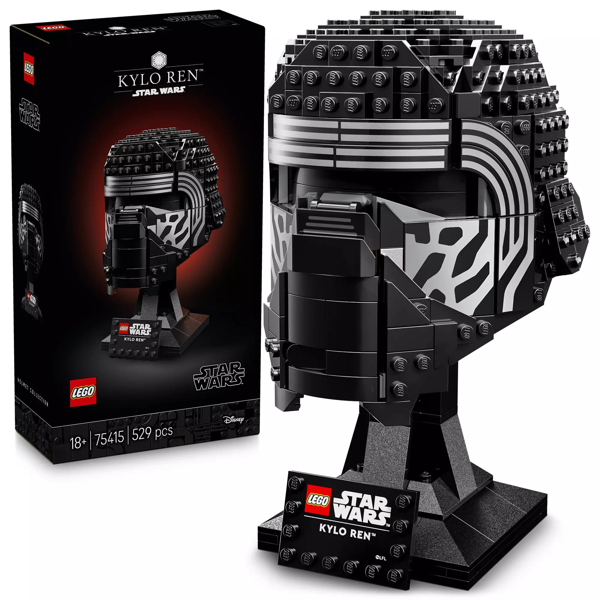 LEGO Kylo Ren helmet model with box, Star Wars branding, and display plaque on a white background.
