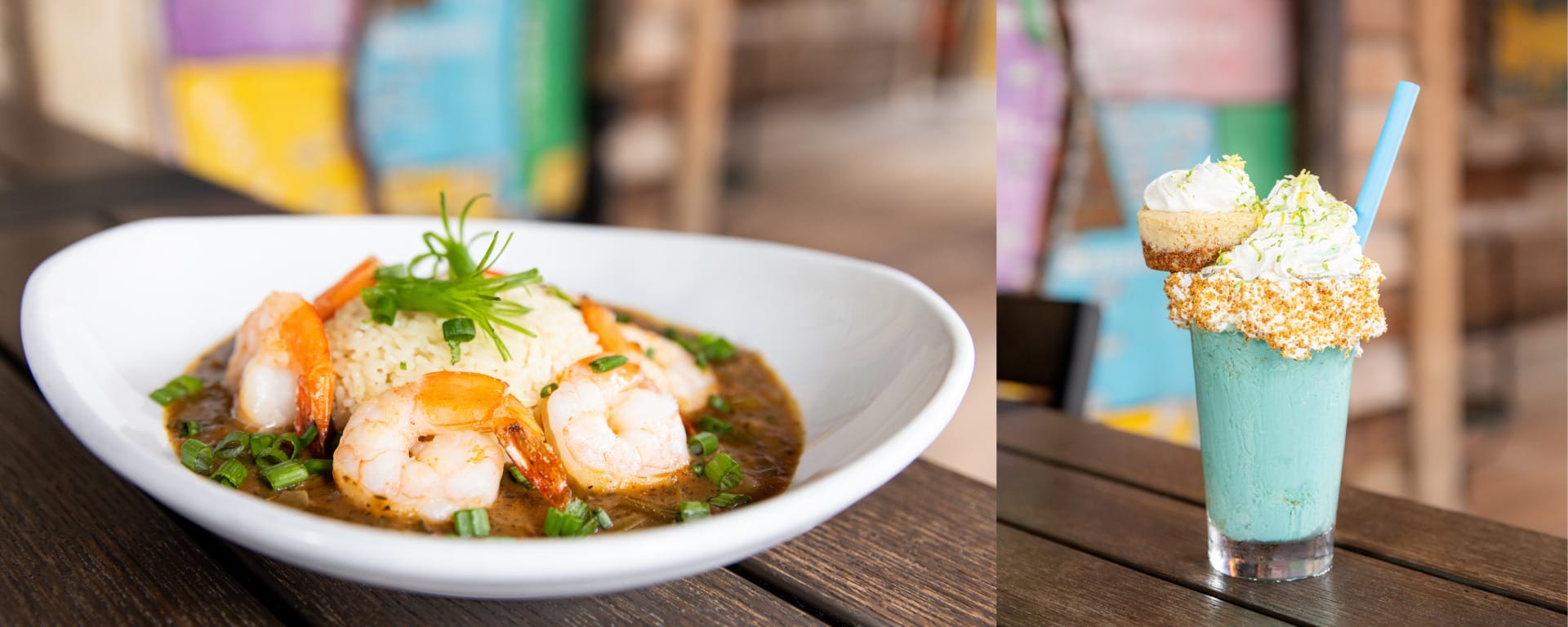 A bowl of shrimp gumbo with rice and herbs next to a blue milkshake topped with whipped cream and a mini pie.
