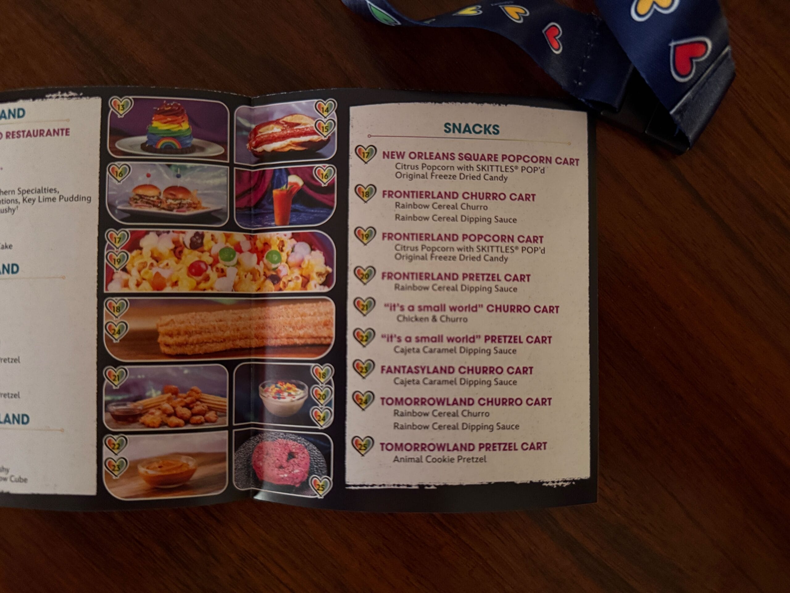 A theme park snack menu for Disneyland Pride Nite 2025 features colorful churros, rainbow cake, popcorn, and pretzels.
