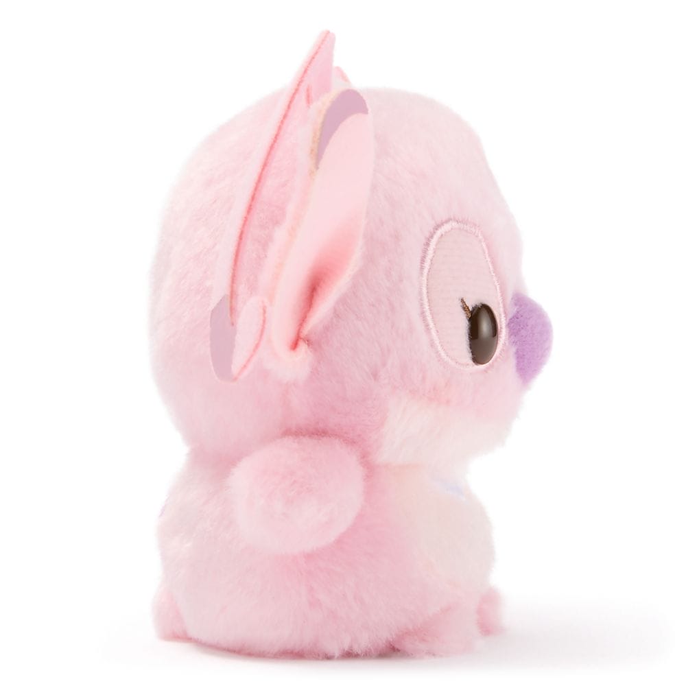 Side view of the Disney Store Japan Urupocha-Chan Plush—pink, fluffy, big-eared, with a round tail and purple nose.