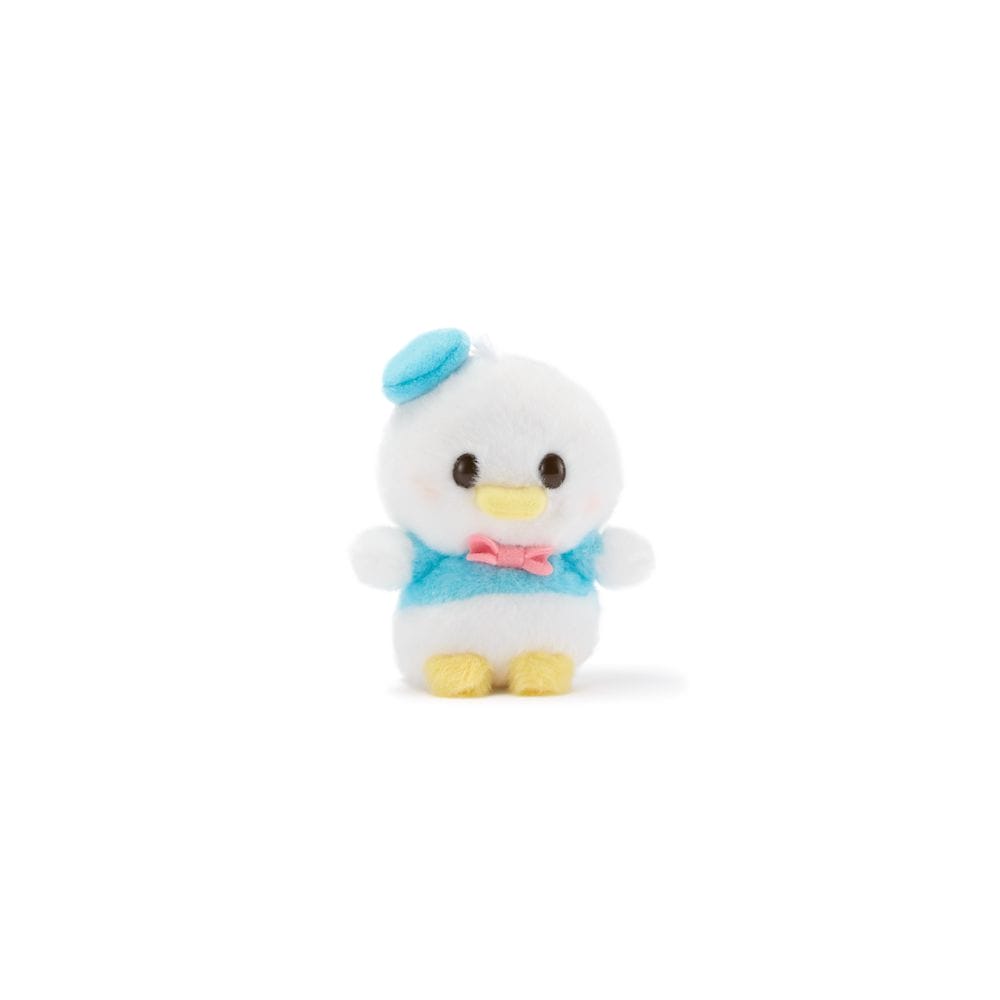A cute Urupocha-Chan Plush duck toy with a blue hat and pink bow, facing forward—available at the Disney Store Japan.
