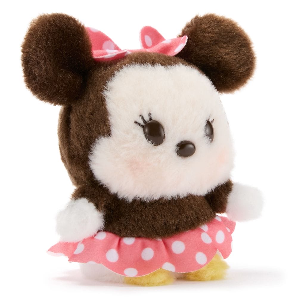 Plush toy of Minnie Mouse with a pink polka-dot bow, available at Disney Store Japan and U.S. Store Online.