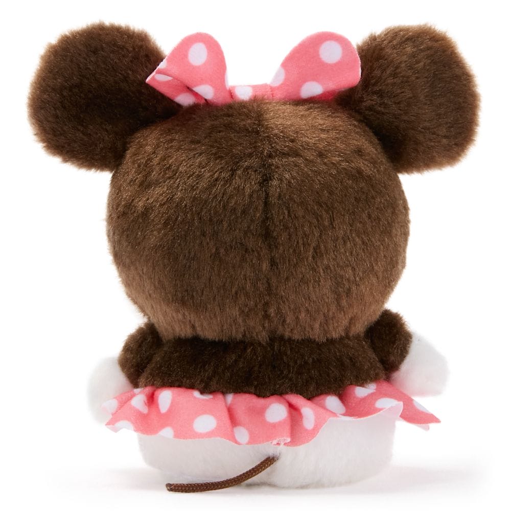 A plush toy bear with brown fur, pink polka-dot bow and skirt, shown from the back. Urupocha-Chan Plush.