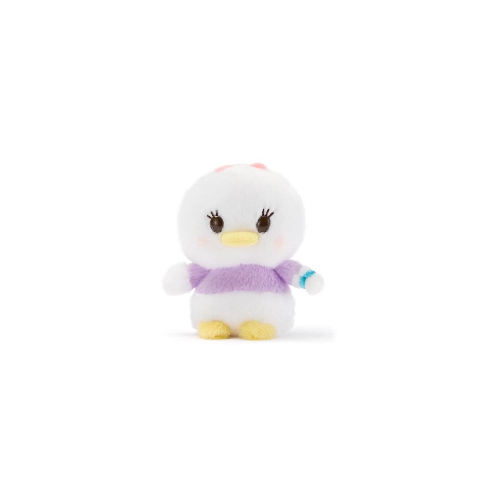 Urupocha-chan Plush duck with white fur, yellow beak and feet, purple shirt, and a pink bow on its head.