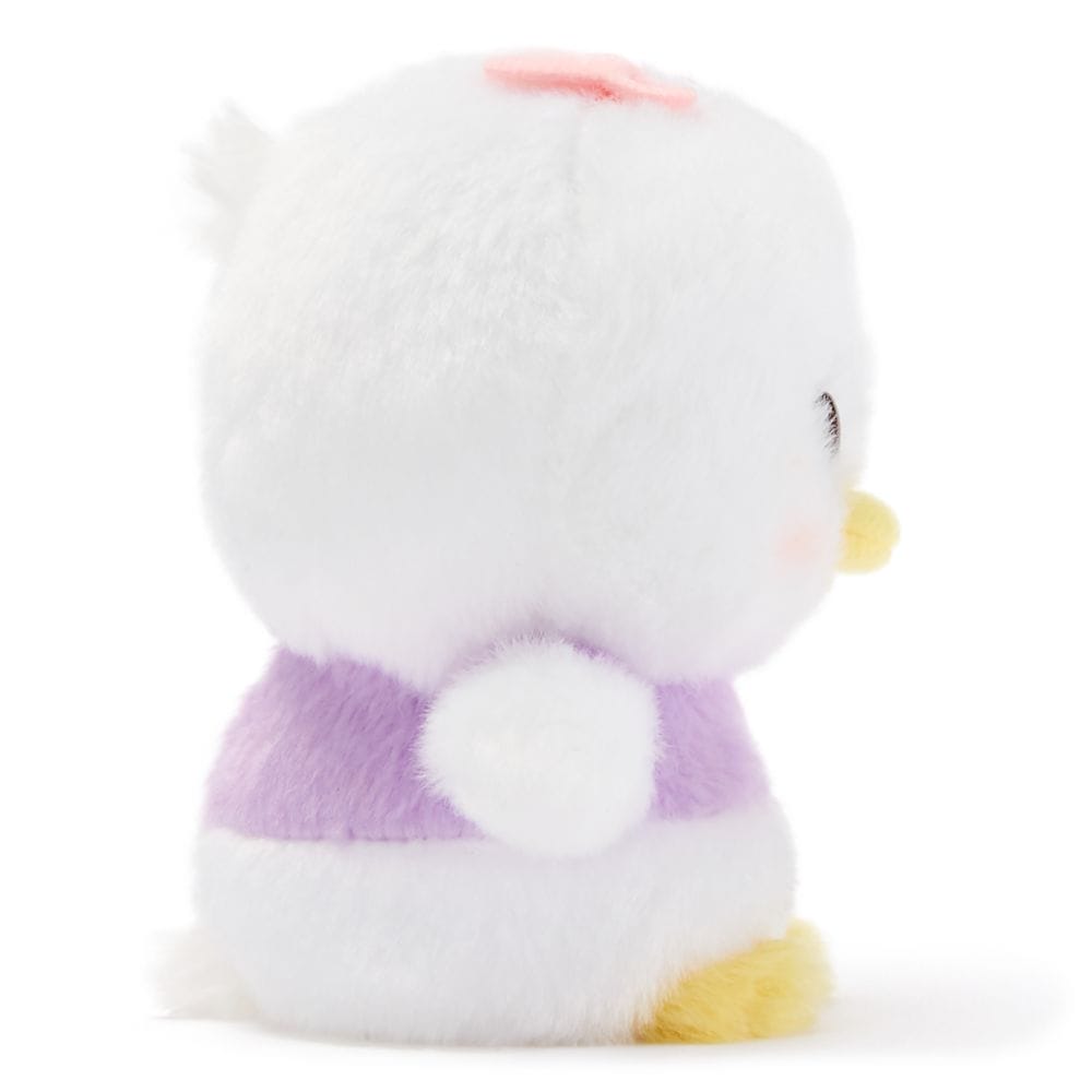Urupocha-chan Plush from Disney Store Japan—white bird with a yellow beak, feet, and purple vest, shown side view.