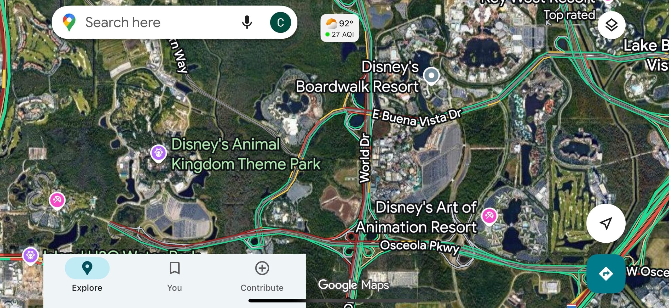 Satellite map view of Walt Disney World area, showing resorts, theme parks, and possible travel delays in Orlando, Florida.