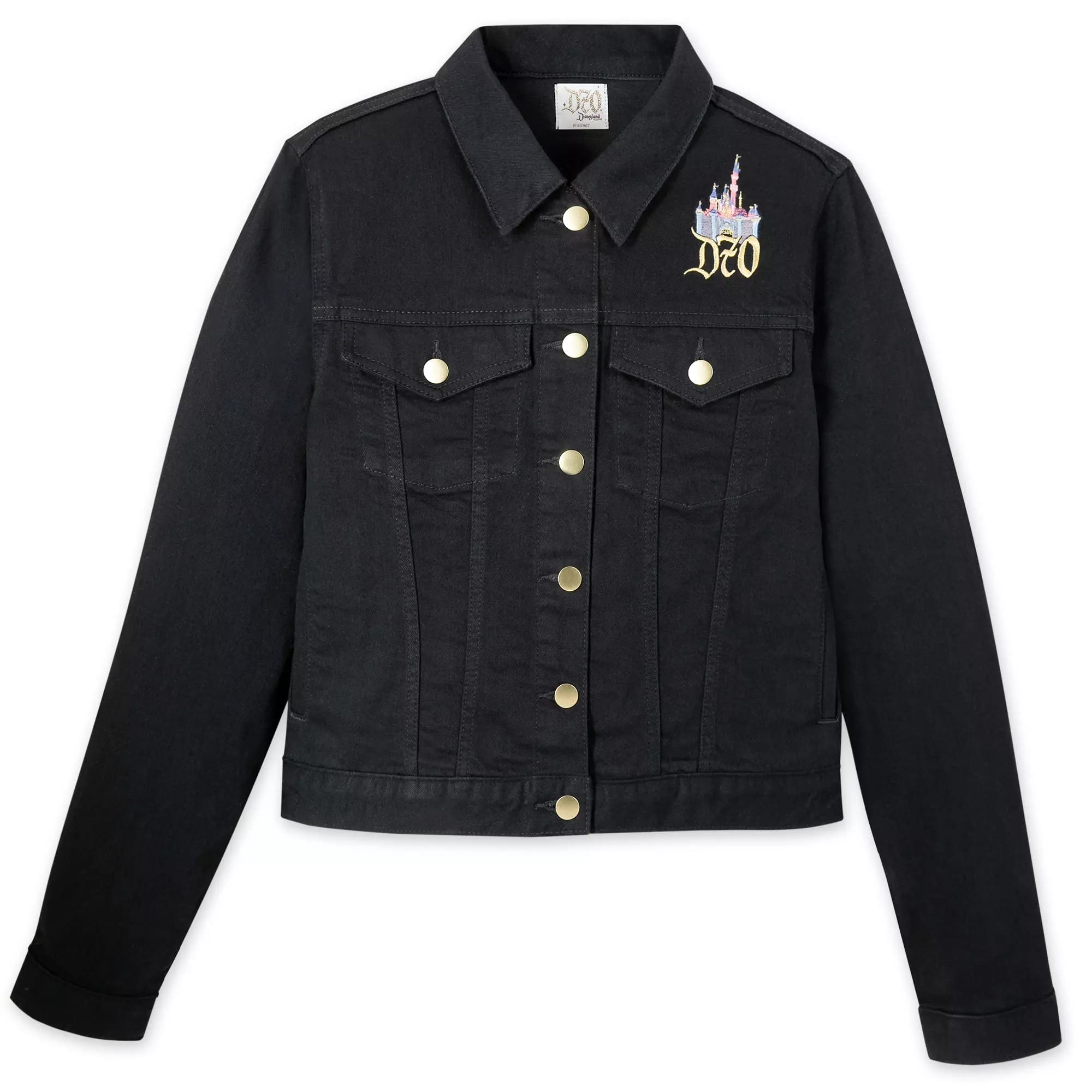 Black denim jacket with gold buttons and a small embroidered castle design with "100" on the left chest.
