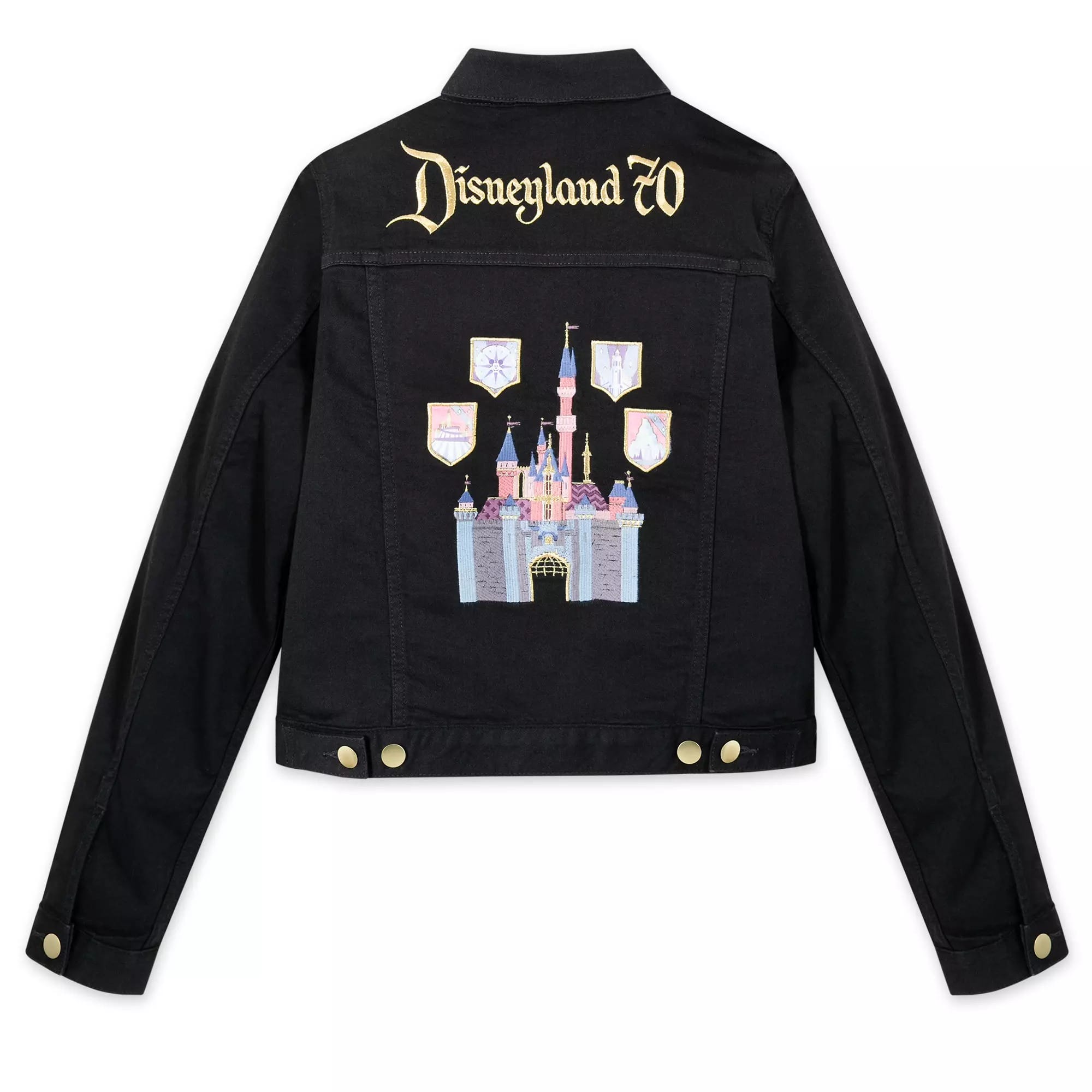 Black denim jacket with "Disneyland 70" and a colorful Sleeping Beauty Castle design on the back.
