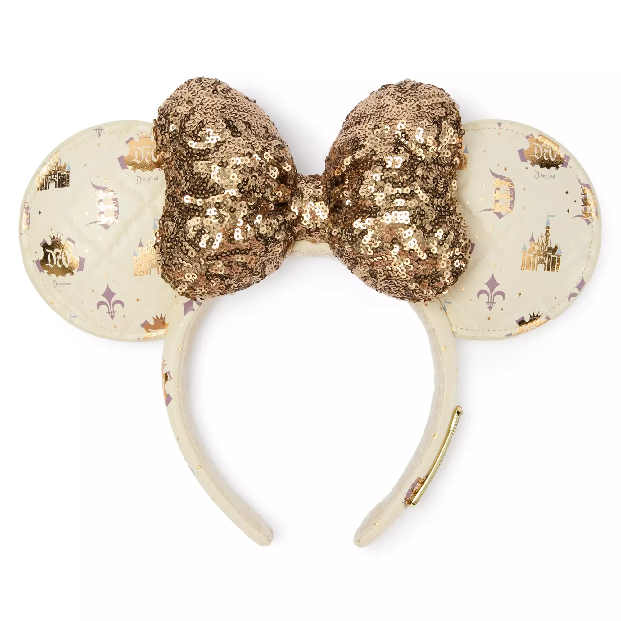 Cream headband with gold sequined bow and mouse ears featuring Disneyland icons and Sleeping Beauty Castle designs.