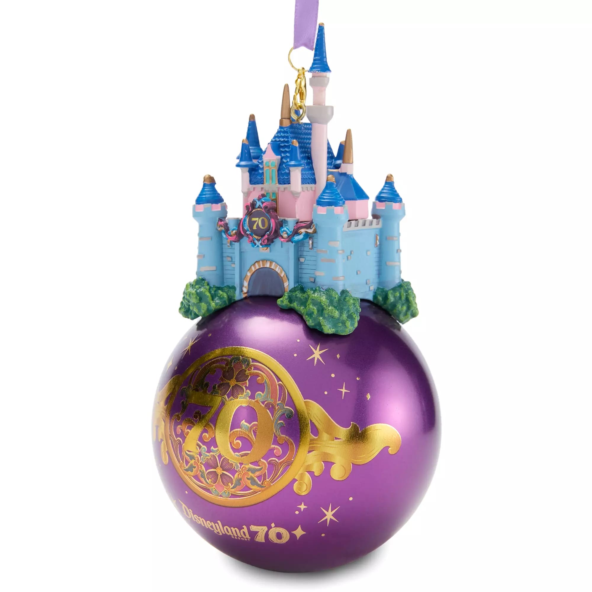 A purple Disneyland 70th ornament featuring a gold "70" and a miniature Sleeping Beauty Castle on top.