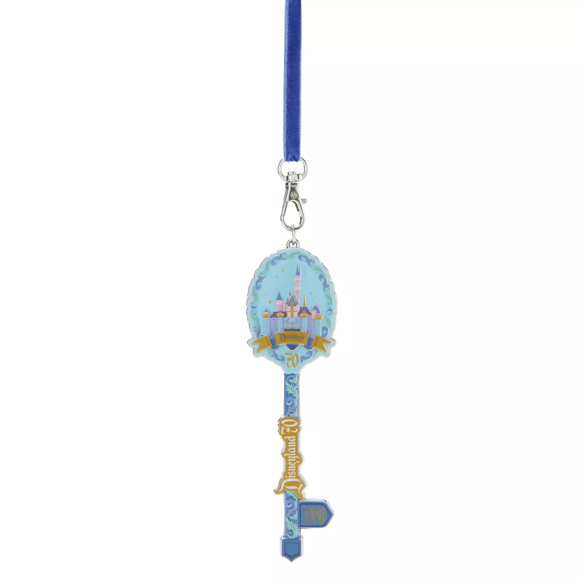 A decorative blue and gold key lanyard featuring a castle design and "70" for Disneyland's 70th anniversary.