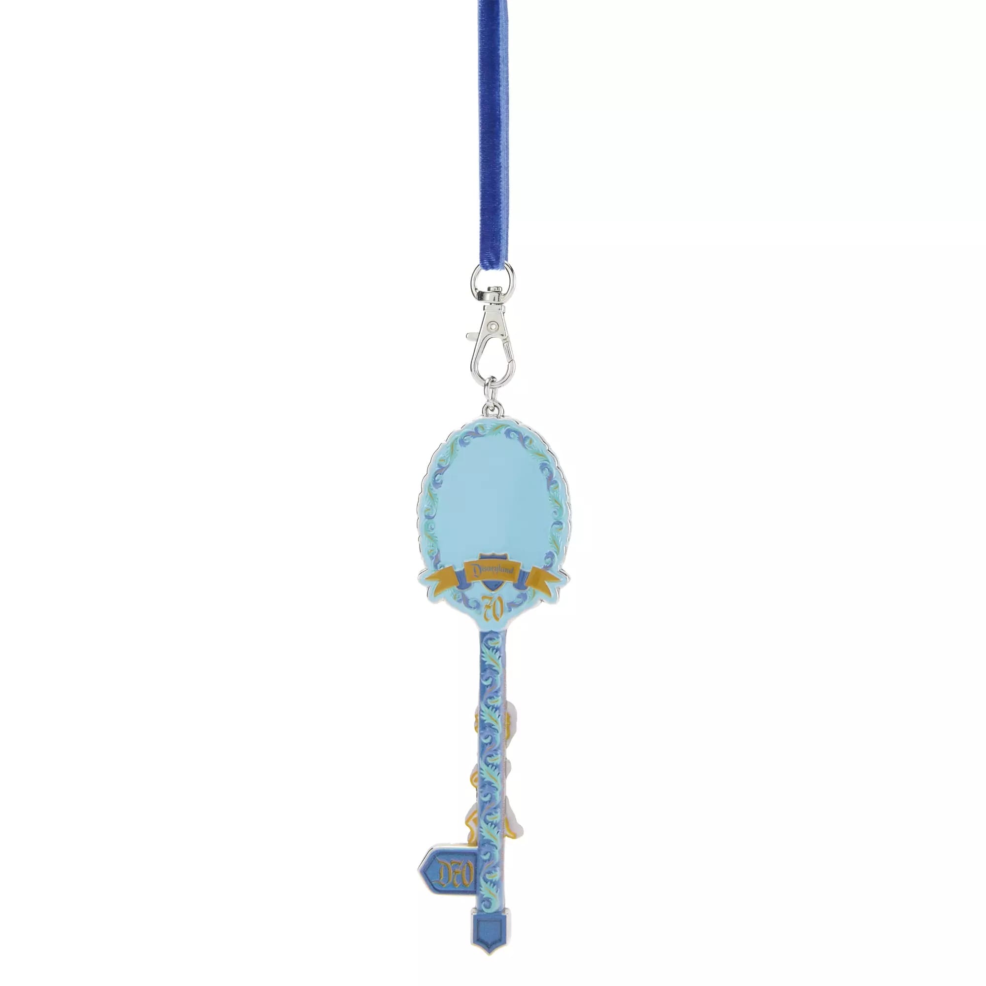 A blue Disney-themed decorative key with a matching ribbon lanyard attached at the top.