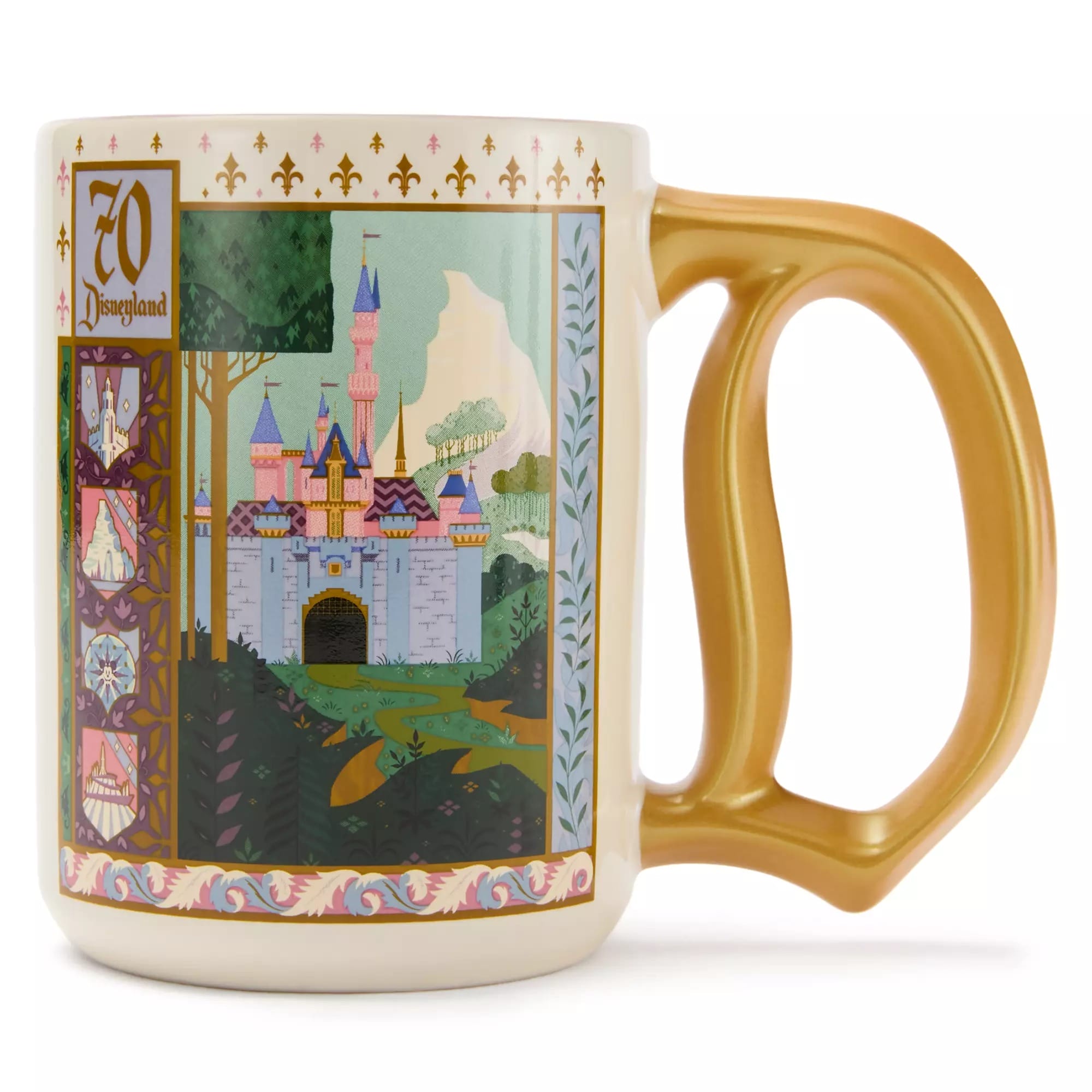 A mug with a gold handle featuring Sleeping Beauty Castle and a "70 Disneyland" logo with colorful decorative patterns.