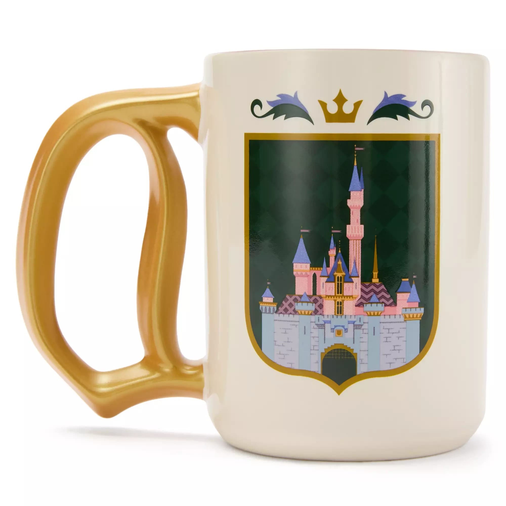 Cream mug with a gold handle and a castle emblem on the front, topped with a crown and decorative blue leaves.