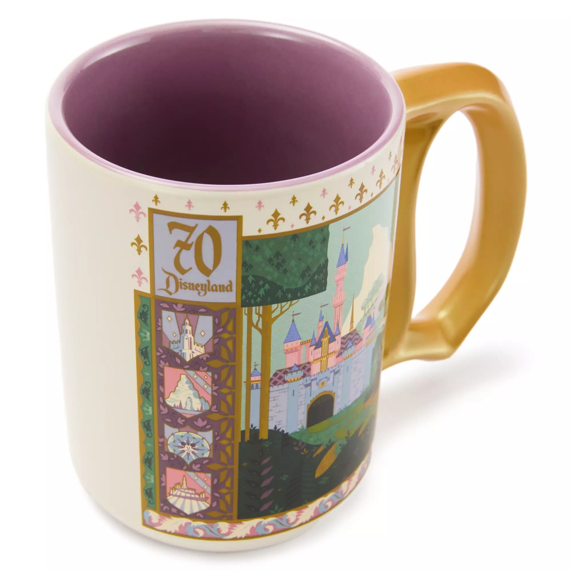 White mug with gold handle, purple interior, and Disneyland 70th anniversary castle artwork on the outside.