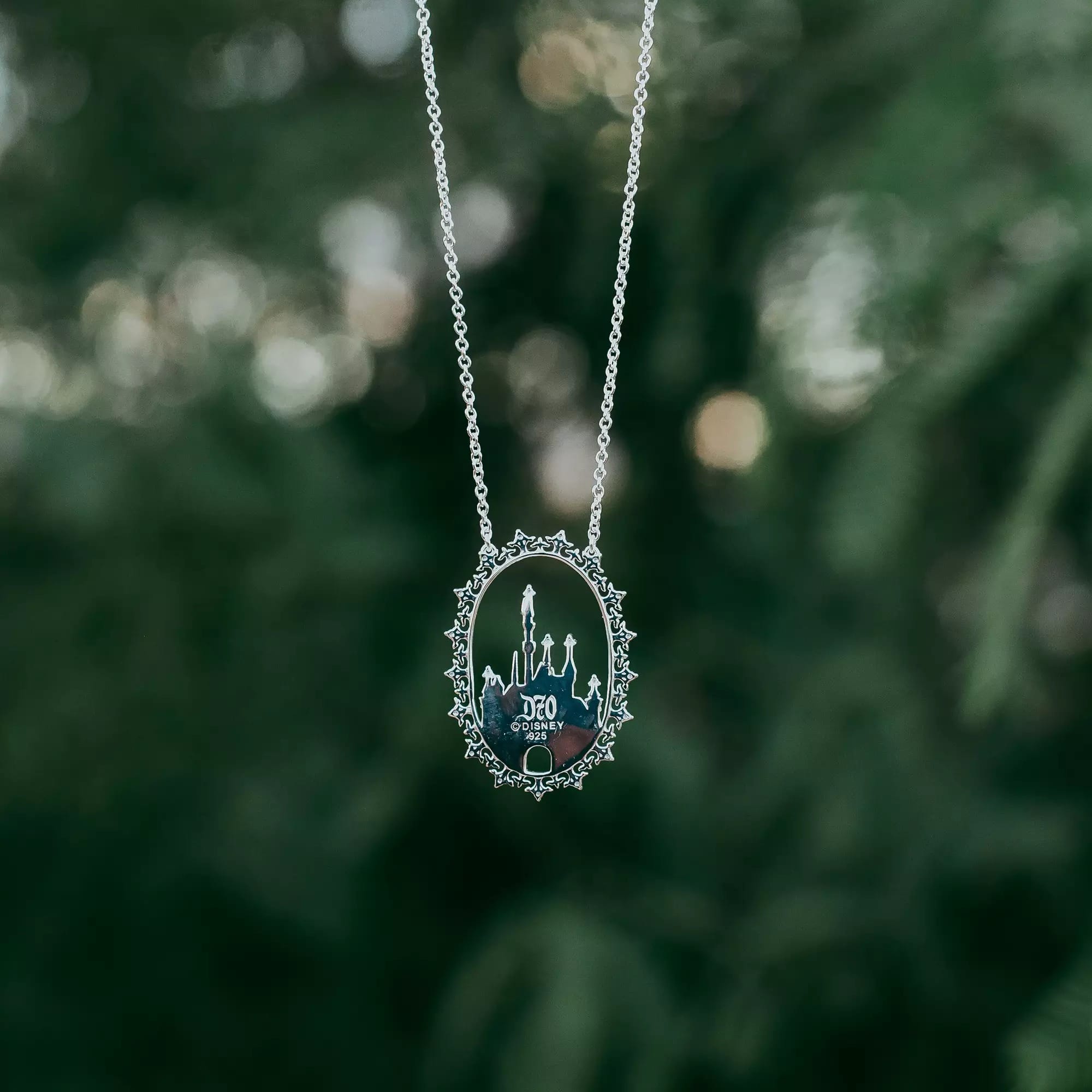 A silver necklace with an ornate oval pendant engraved with "DEO OPTIMO" and castle-like shapes, against a blurred green background.