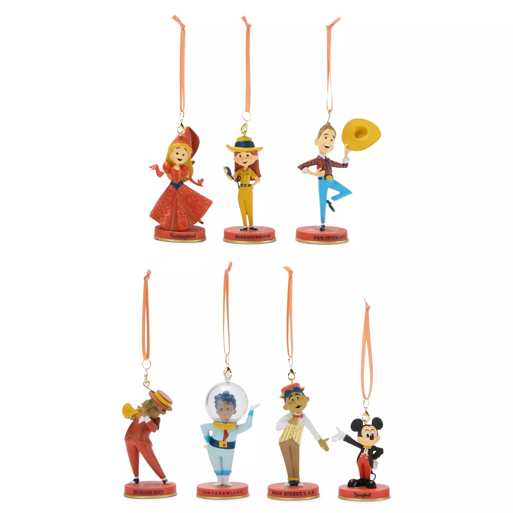 Six Disney character ornaments, each standing on a red base, hang from orange ribbons in two rows.