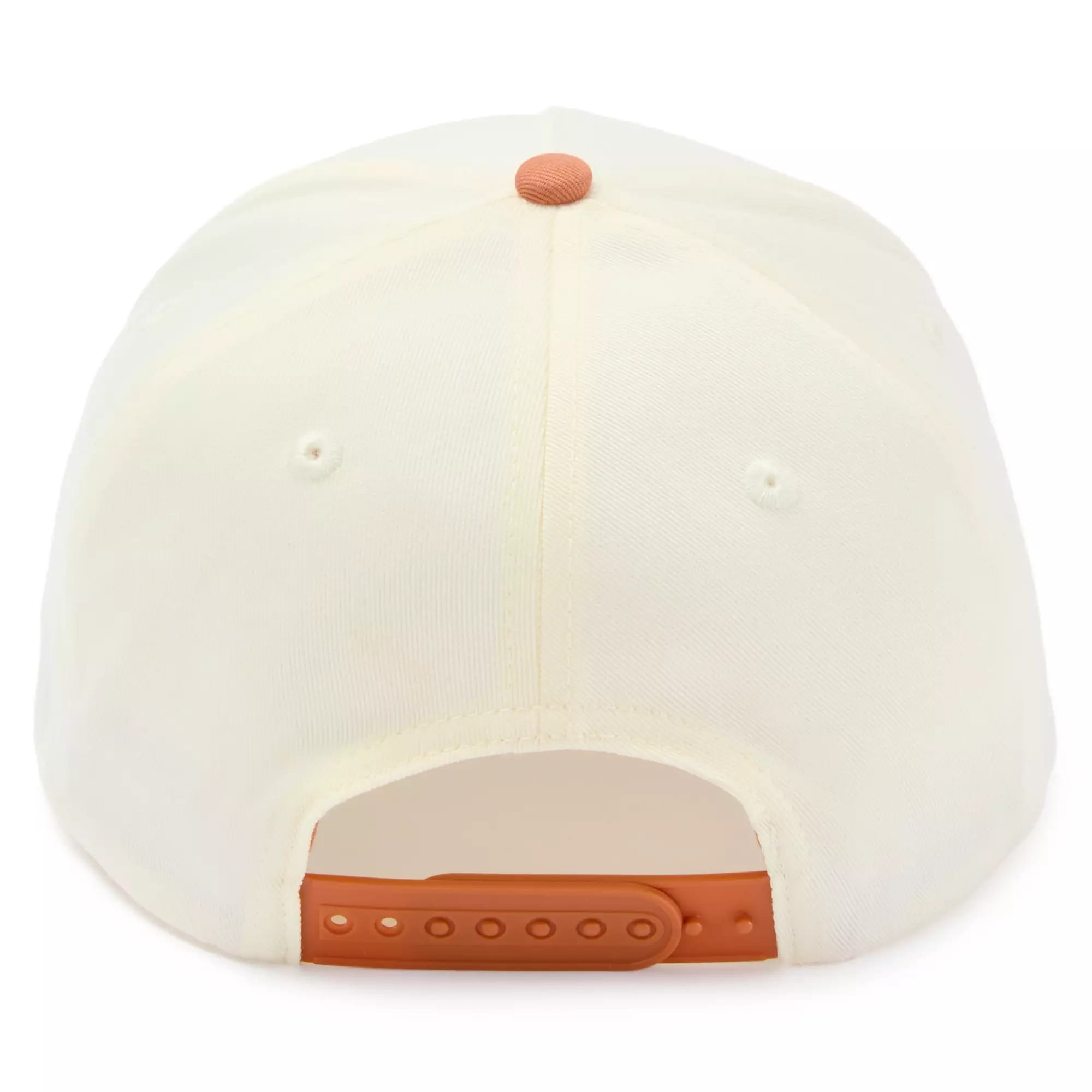 A white baseball cap shown from the back, featuring an orange adjustable snap closure and top button.