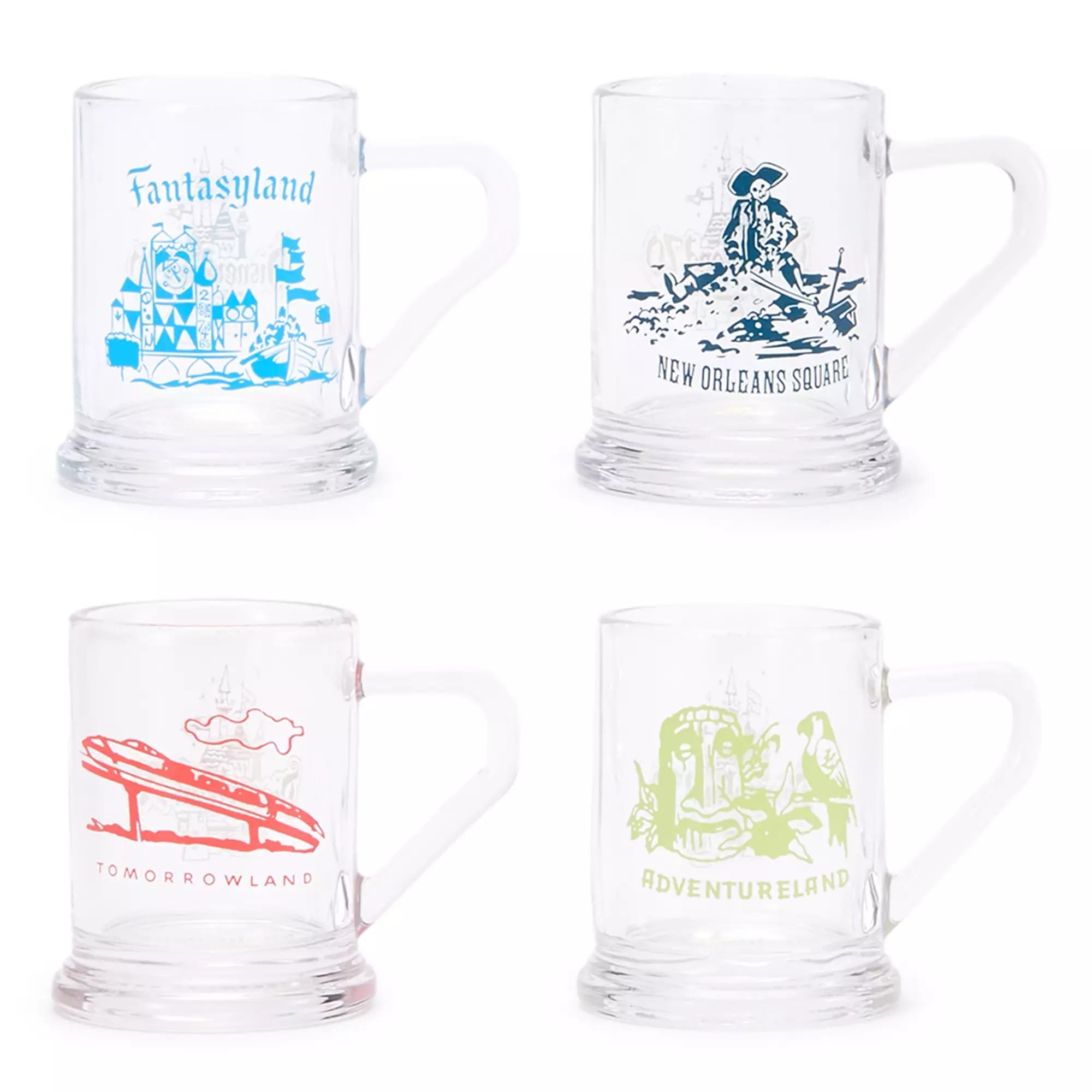 Set of four clear glass mugs, each with a different Disneyland-themed graphic and label in blue, white, red, and green.