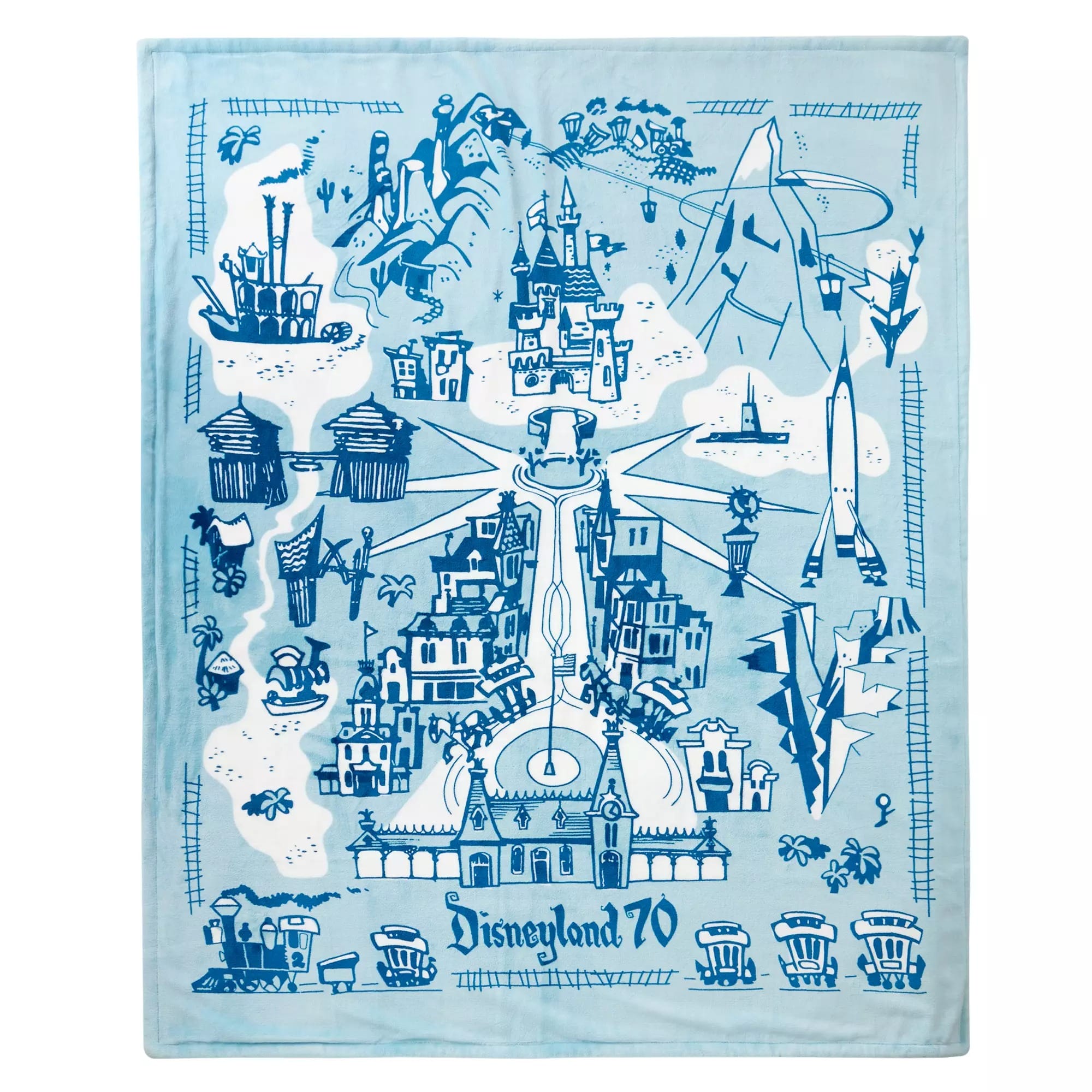 Light blue Disneyland 70th Anniversary map blanket from the Maps Collection featuring Mickey and iconic park landmarks in dark blue.