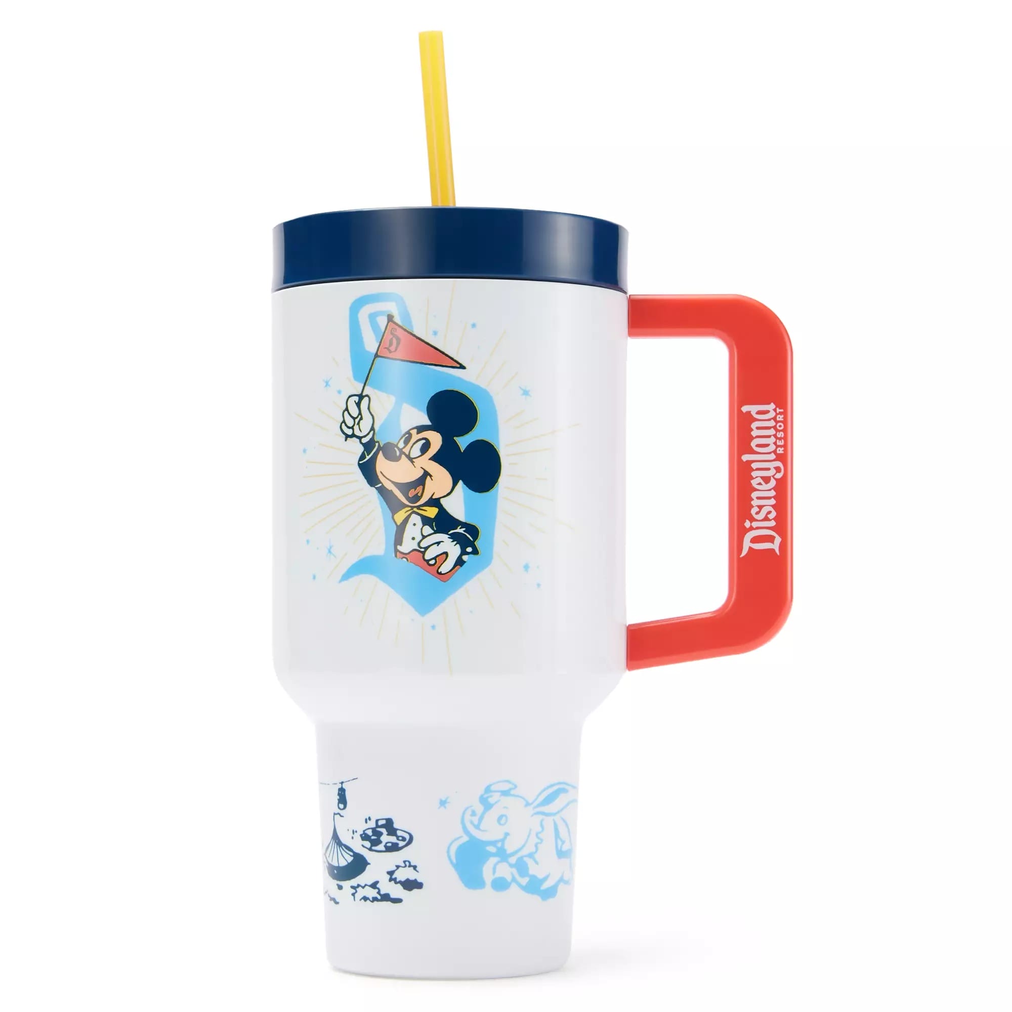 White travel mug from the Maps Collection with Mickey Mouse, Disneyland 70th Anniversary logo, blue lid, yellow straw, red handle.