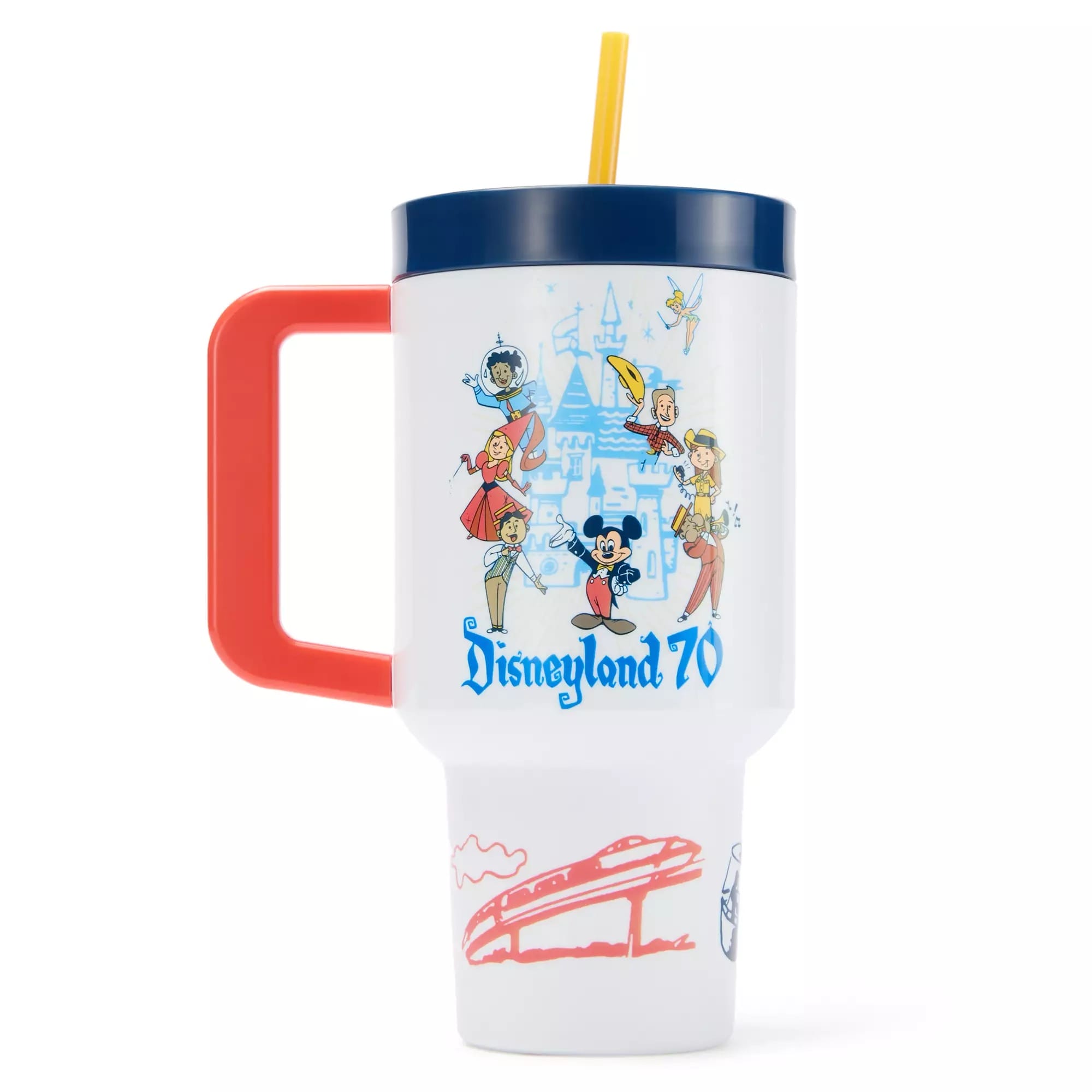 White Disneyland 70th Anniversary mug with red handle, yellow straw, Mickey, and cartoon characters before a blue castle.
