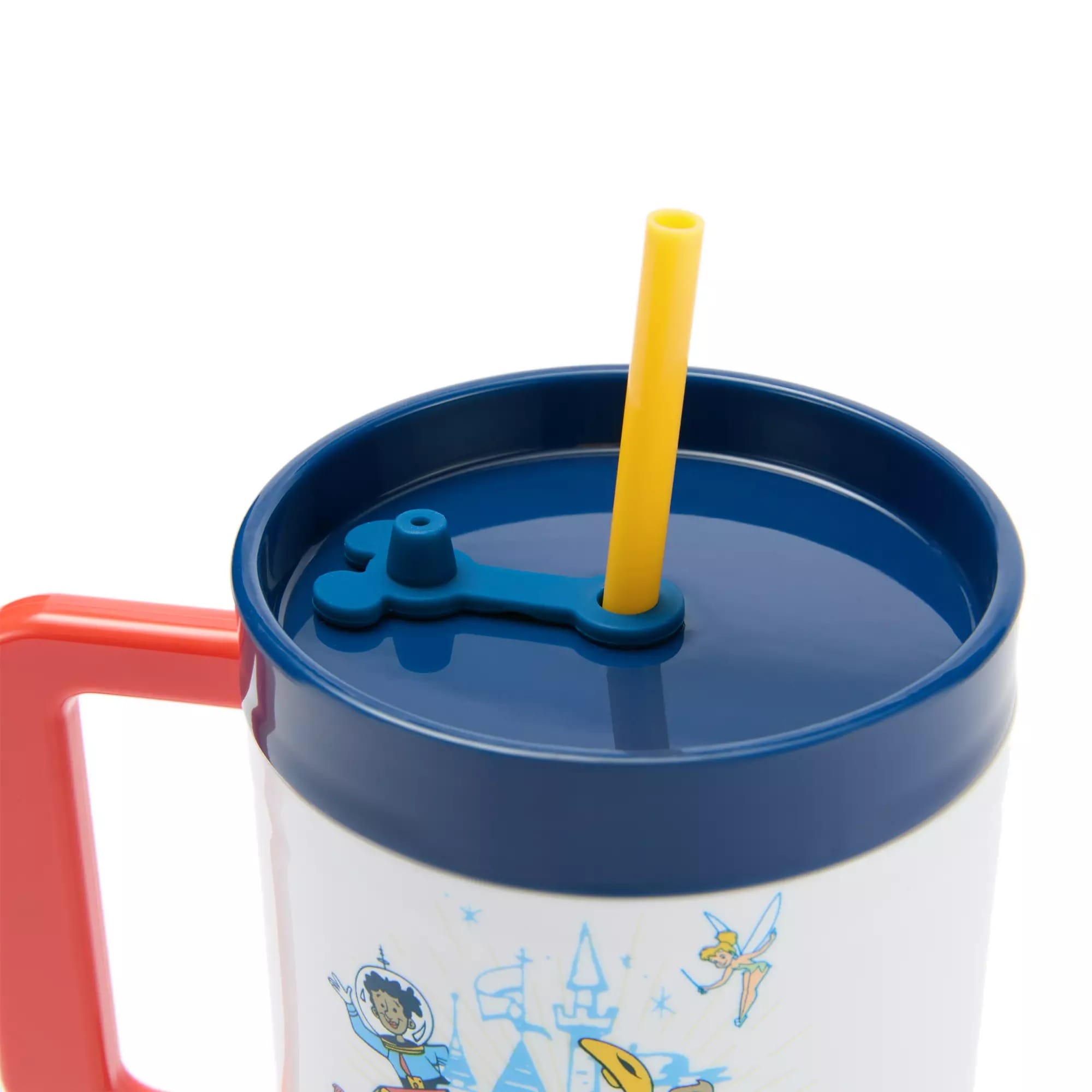 A close-up of a cup with a blue lid, yellow straw, and red handle from the Disneyland 70th Anniversary Maps Collection.