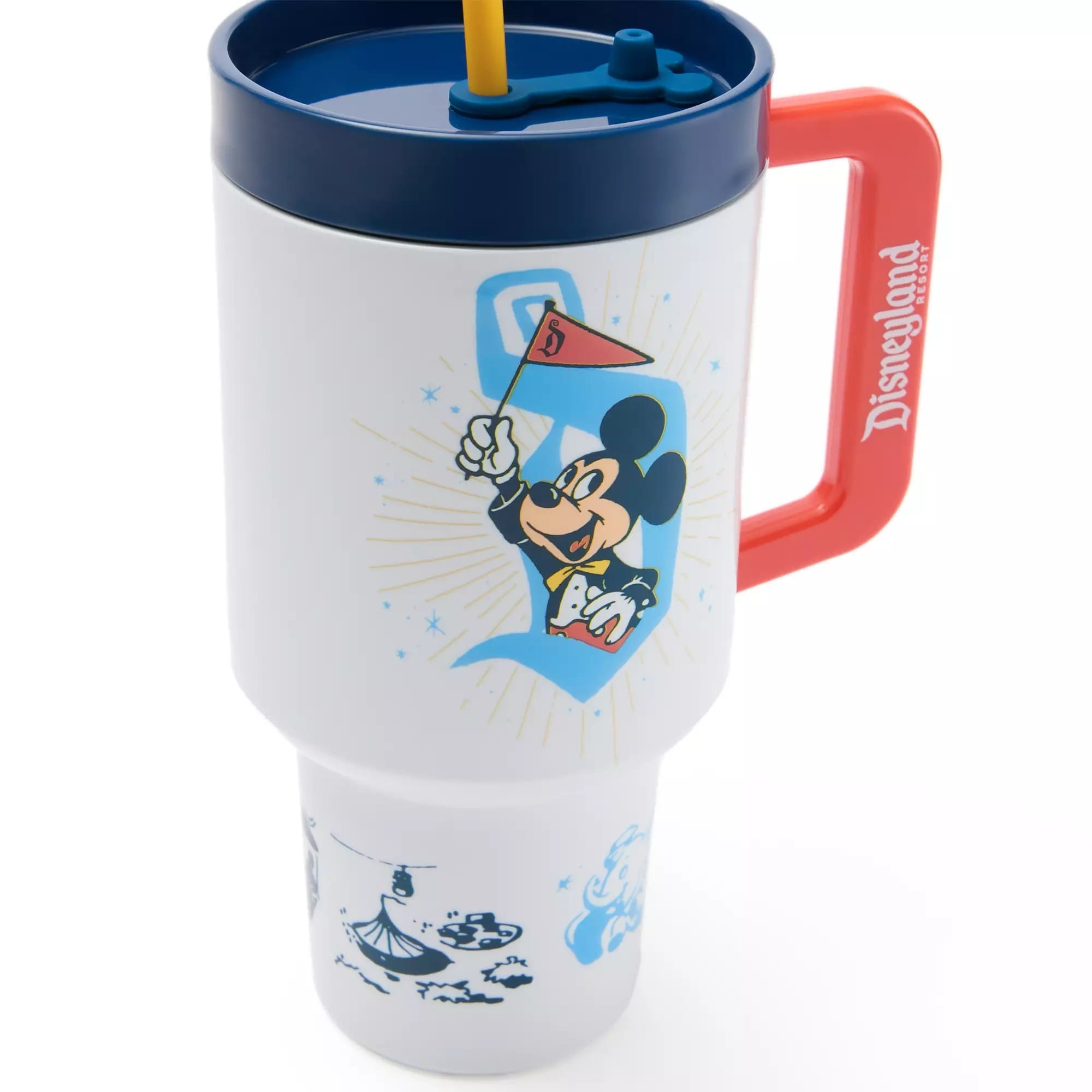 Large white Disneyland 70th Anniversary tumbler with a red handle, Mickey Mouse, and park Maps Collection illustrations.