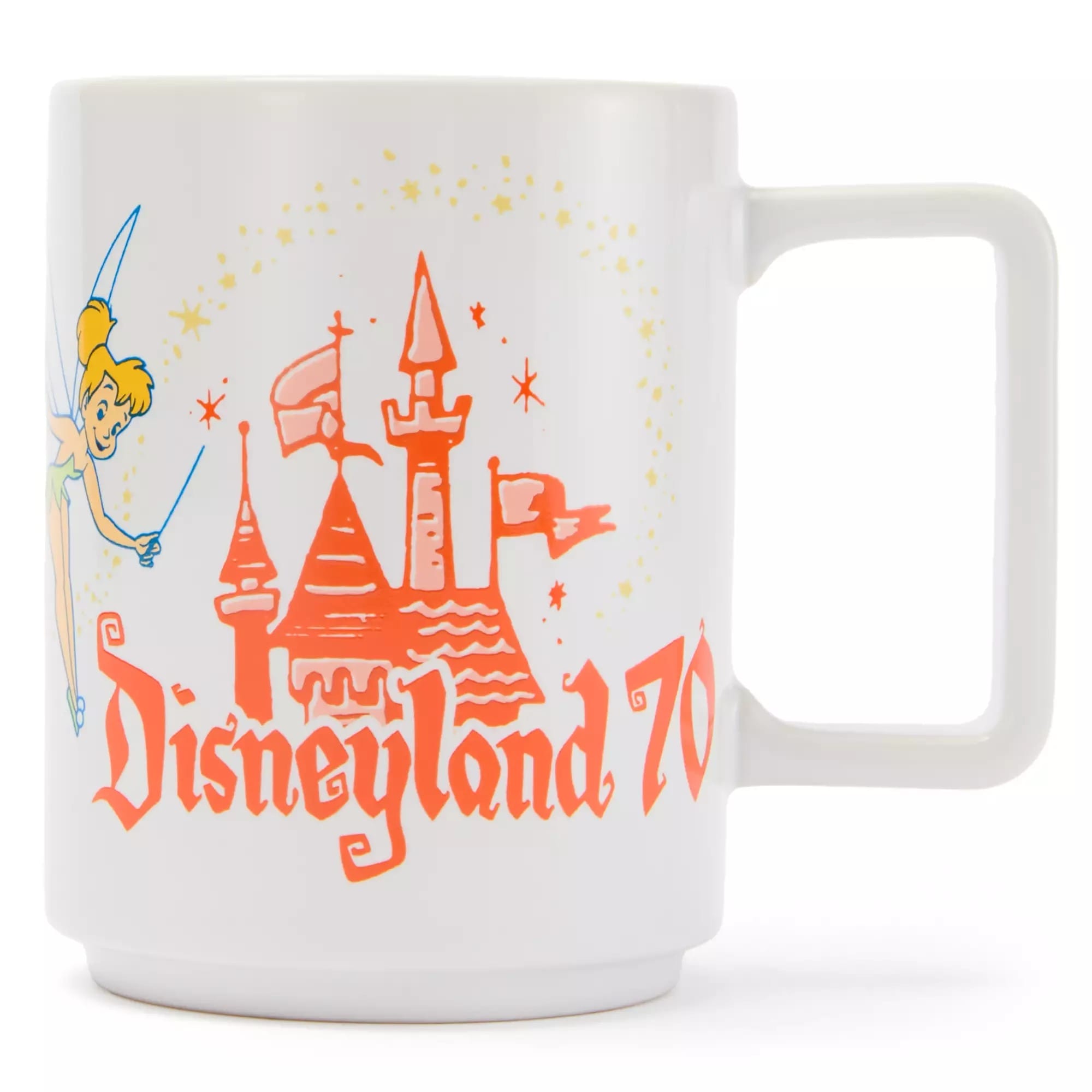White mug with Tinkerbell, a castle, and "Disneyland 70"—a charming piece from the Disneyland 70th Anniversary Maps Collection.