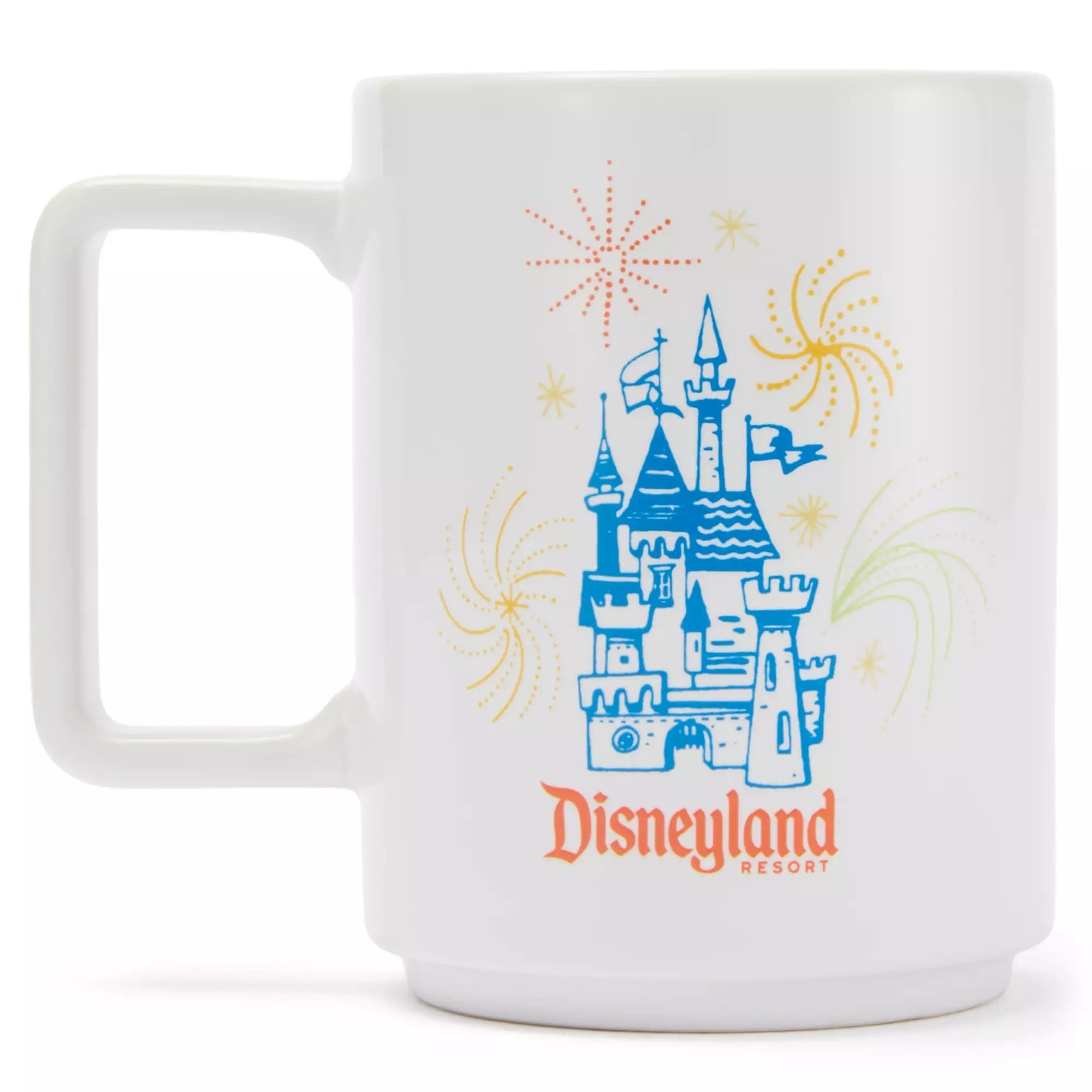 White mug with a blue castle, Mickey, colorful fireworks, and "Disneyland Resort" celebrating the Disneyland 70th Anniversary.