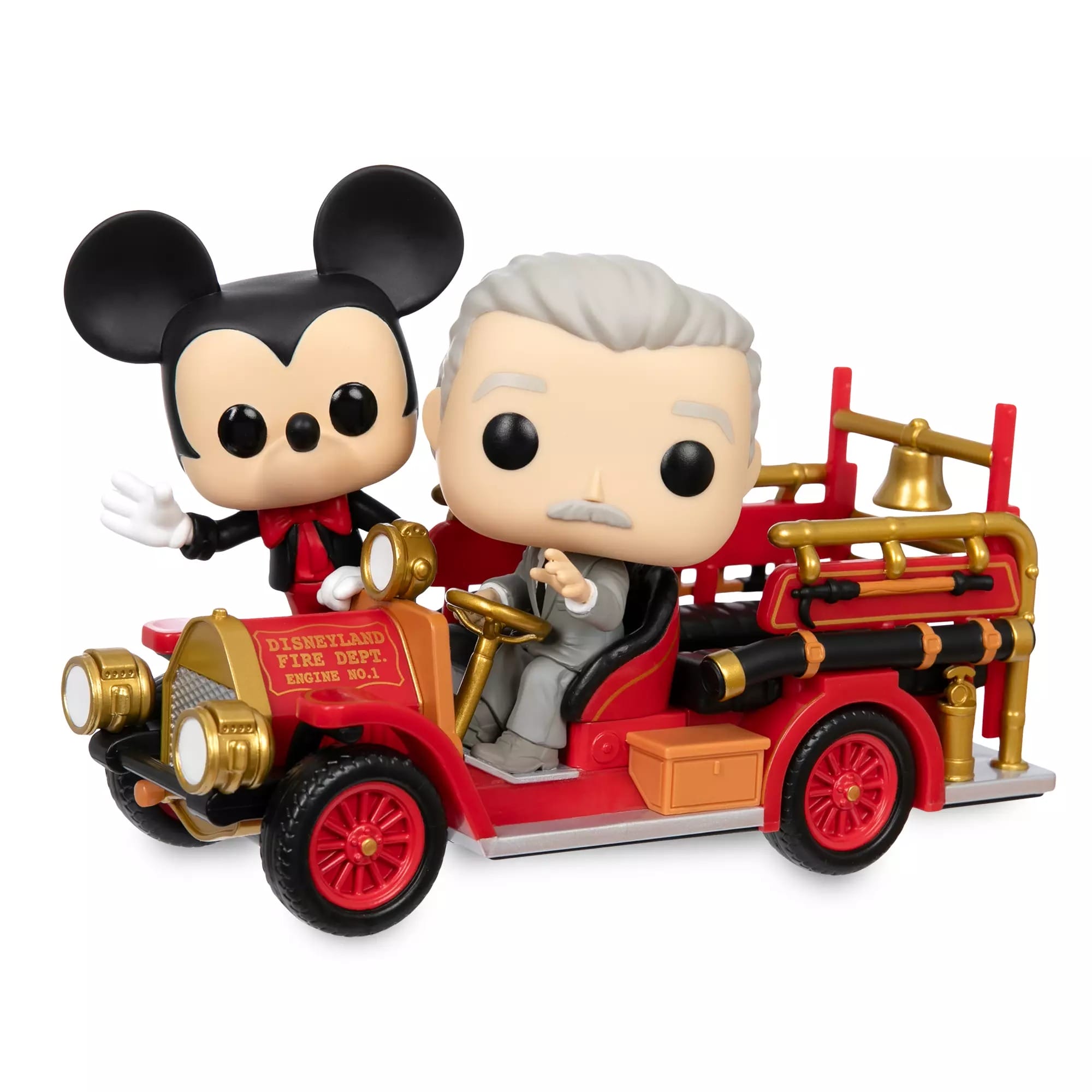 Funko Pop figures of Mickey and Walt Disney in a red vintage fire truck, celebrating Disneyland 70th Anniversary.