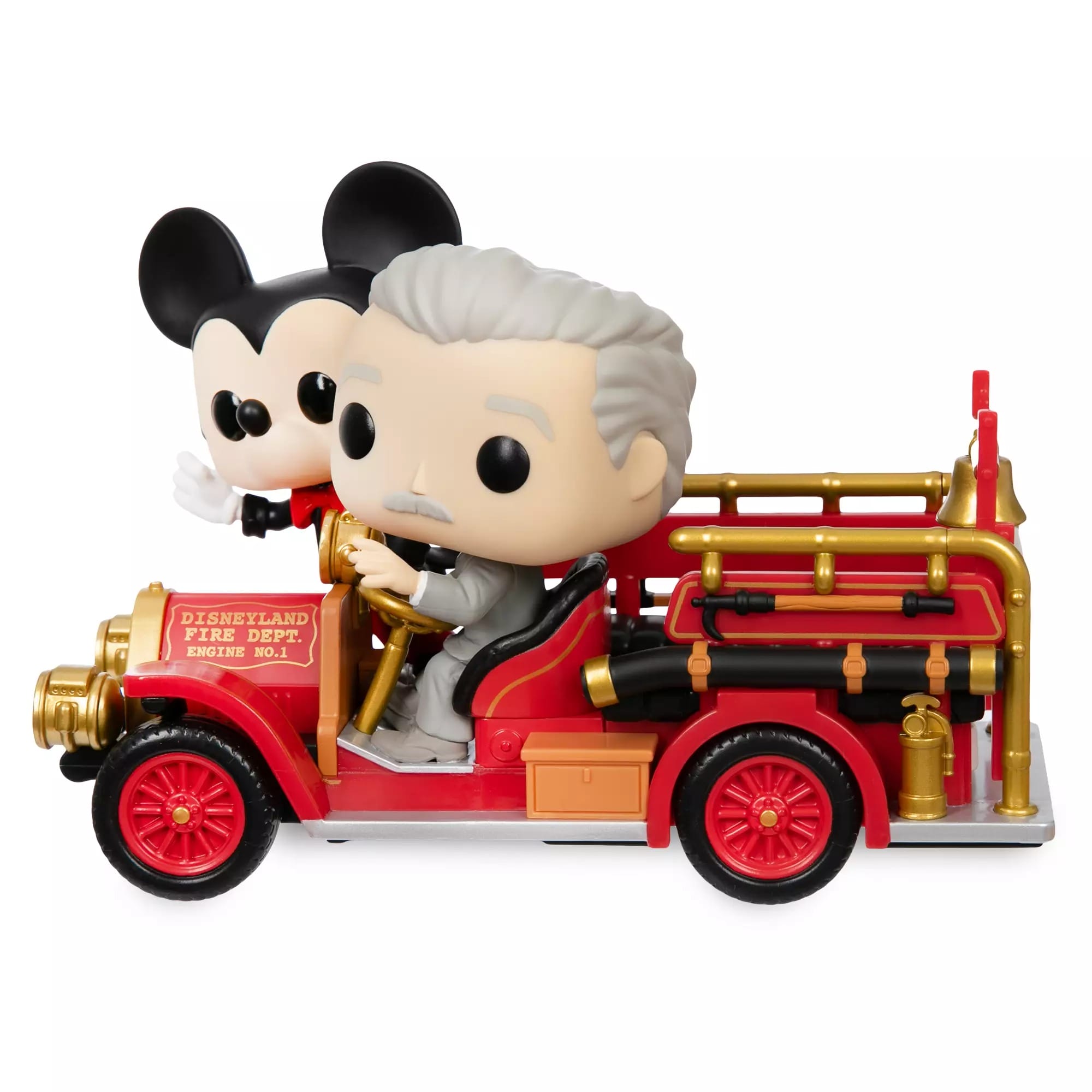 A Funko Pop of Walt Disney driving a red fire truck with Mickey, celebrating Disneyland 70th Anniversary.