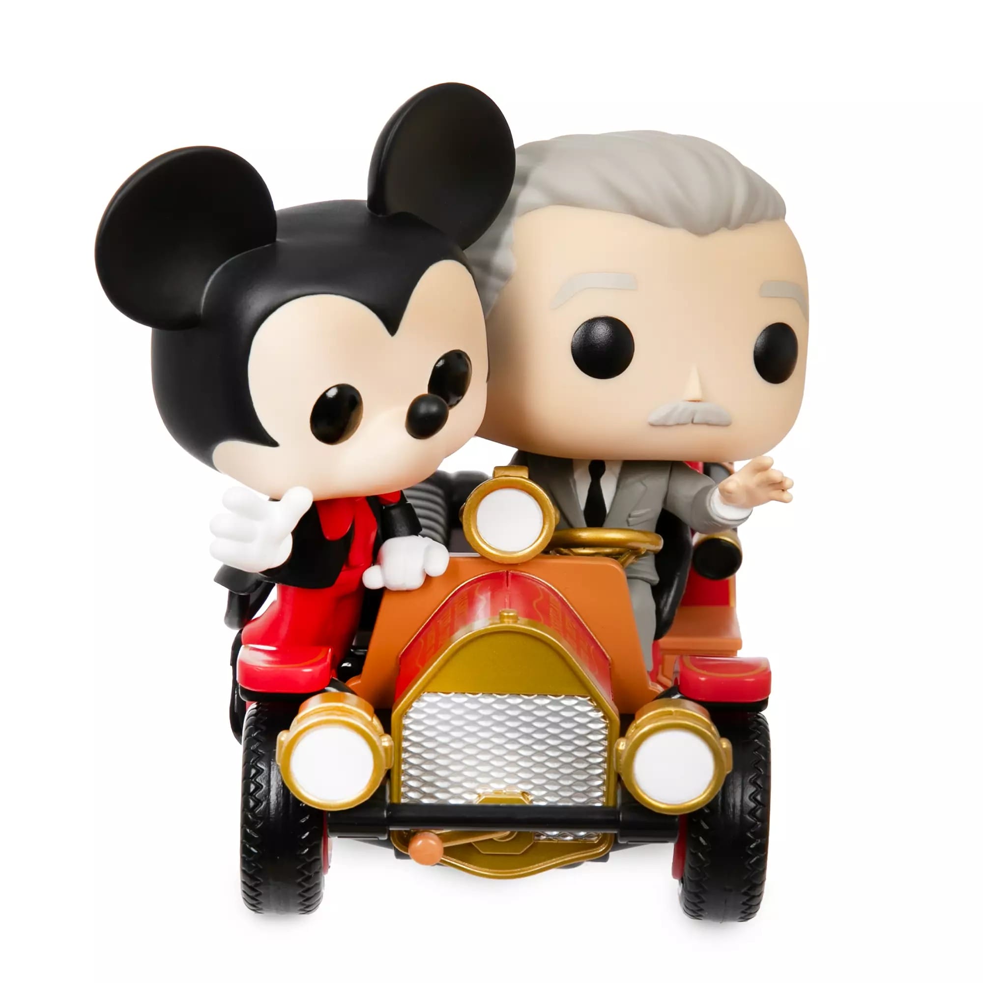 Funko Pop figures of Mickey and a gray-haired man in a suit ride together in a vintage red car, celebrating Disneyland 70th Anniversary.