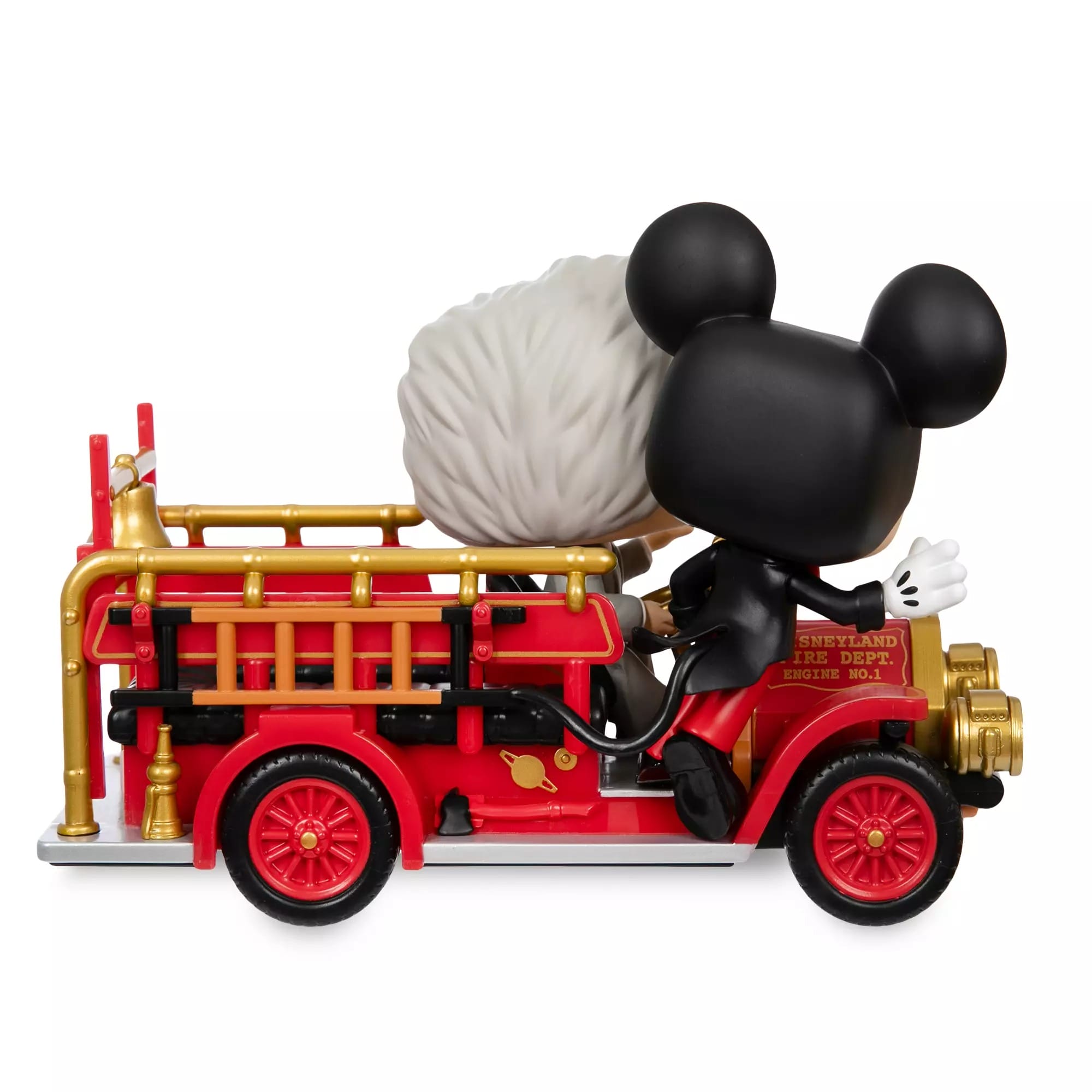Funko Pop figures of Walt Disney and Mickey ride a red fire truck from the Disneyland 70th Anniversary Maps Collection.