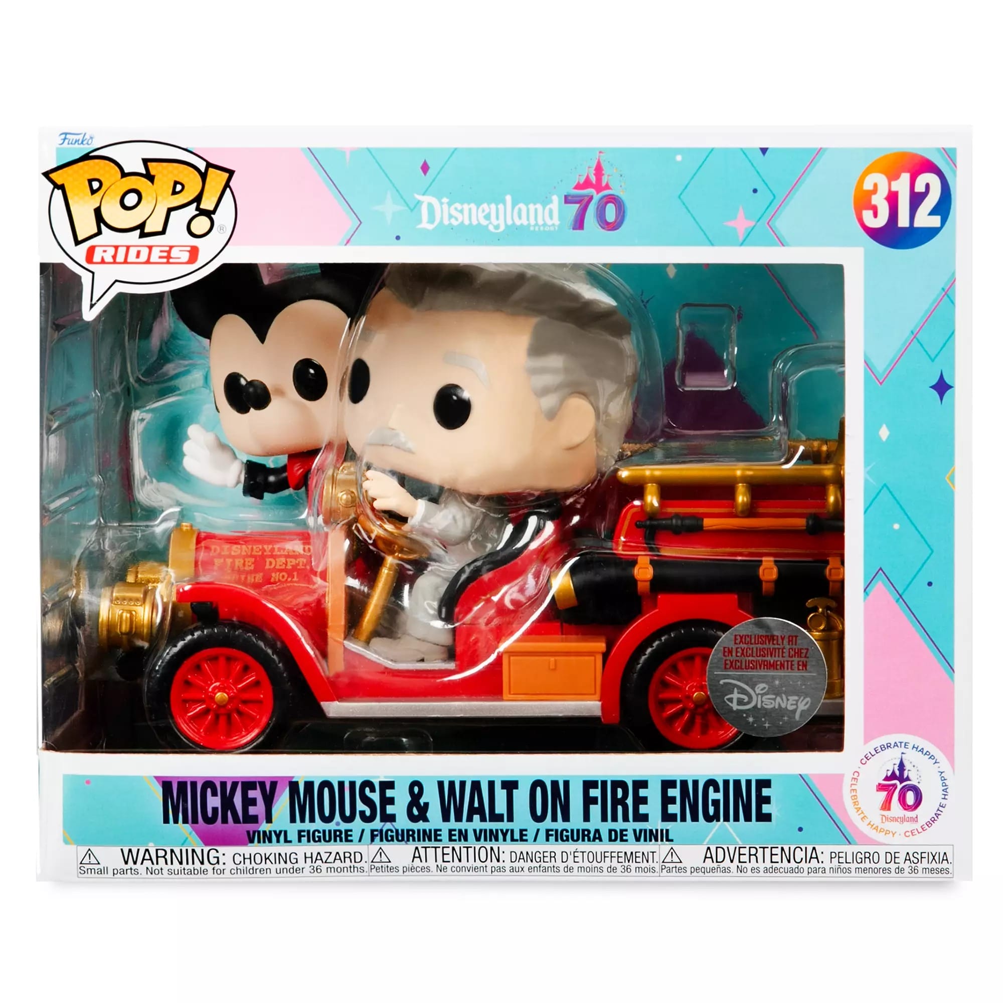 Funko Pop! Mickey and Walt Disney ride a fire engine in special Disneyland 70th Anniversary packaging.