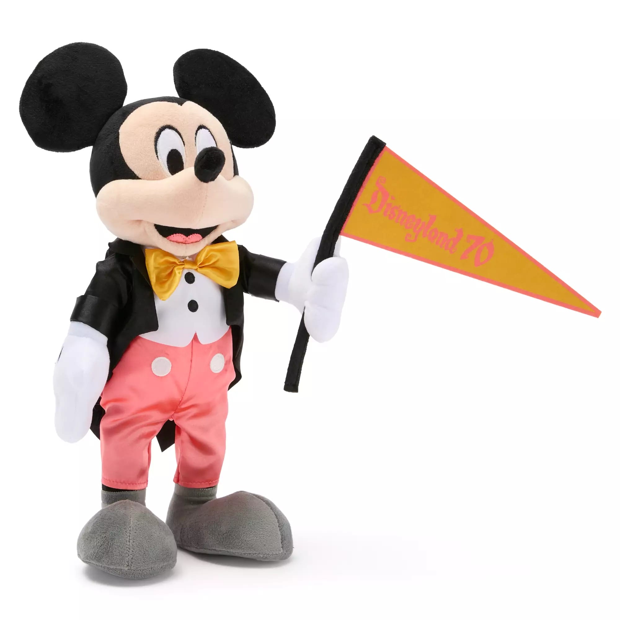 Plush Mickey Mouse doll in a tuxedo holds an orange "Disneyland 70th Anniversary" pennant.