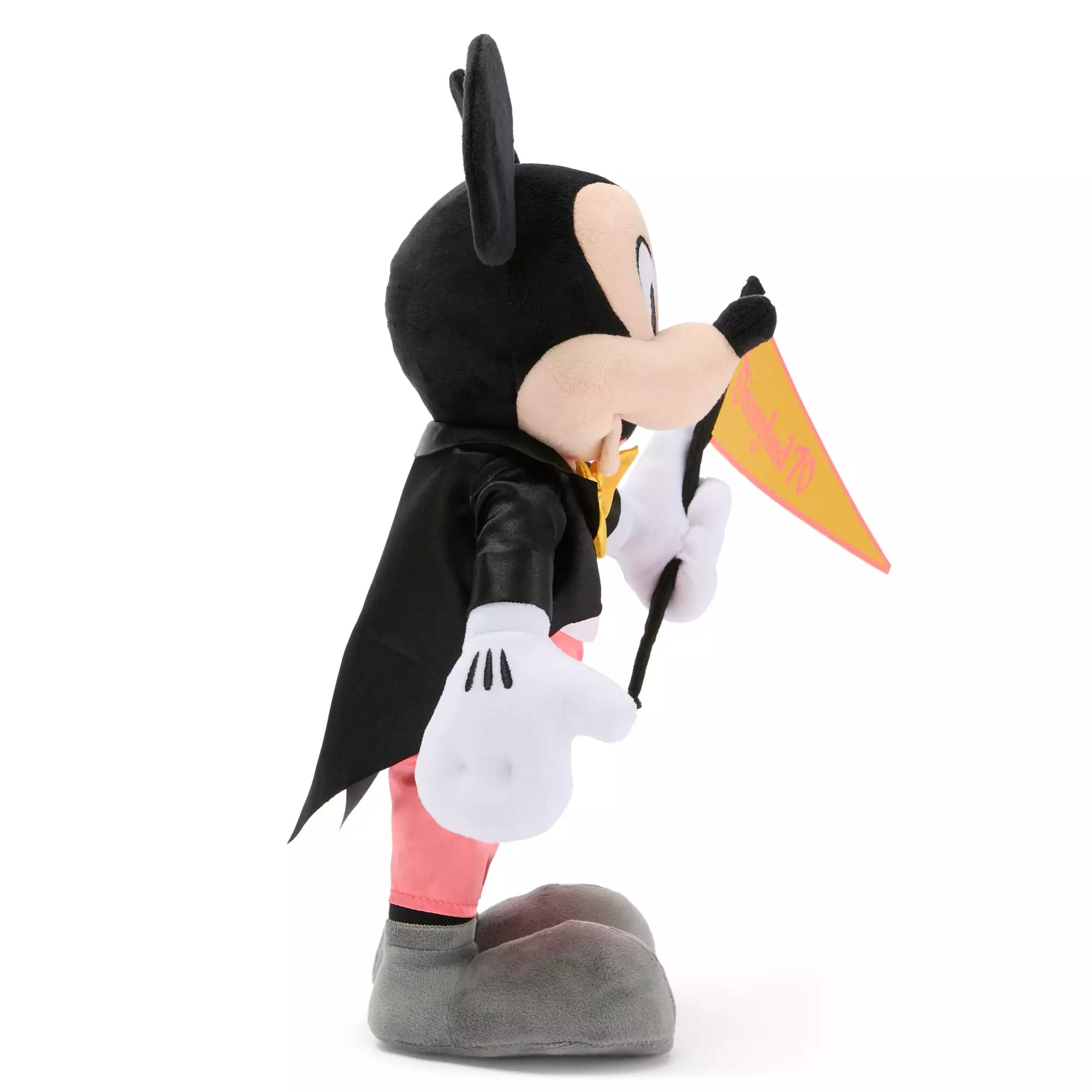 Mickey plush from the Maps Collection in a black cape with an orange pennant, celebrating Disneyland 70th Anniversary.