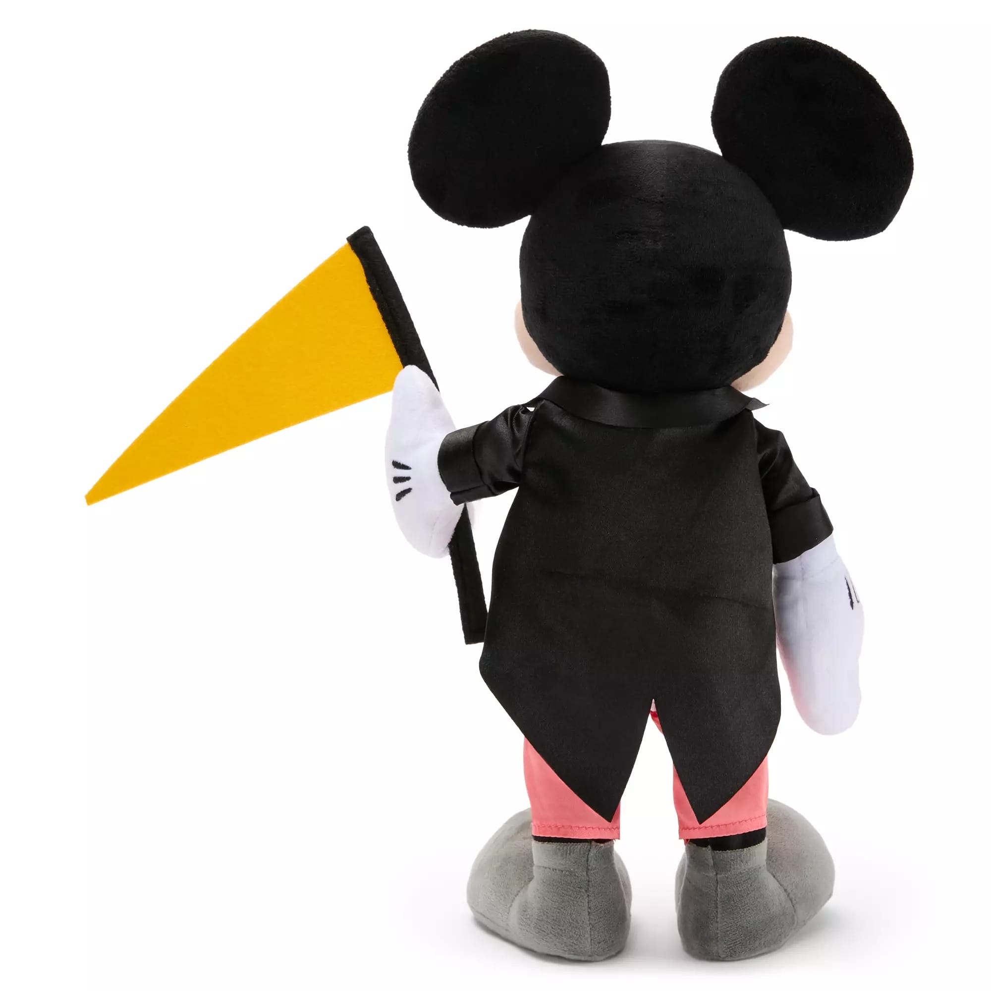 Plush Mickey Mouse toy in a black cape, part of the Disneyland 70th Anniversary Maps Collection, holds a yellow pennant.