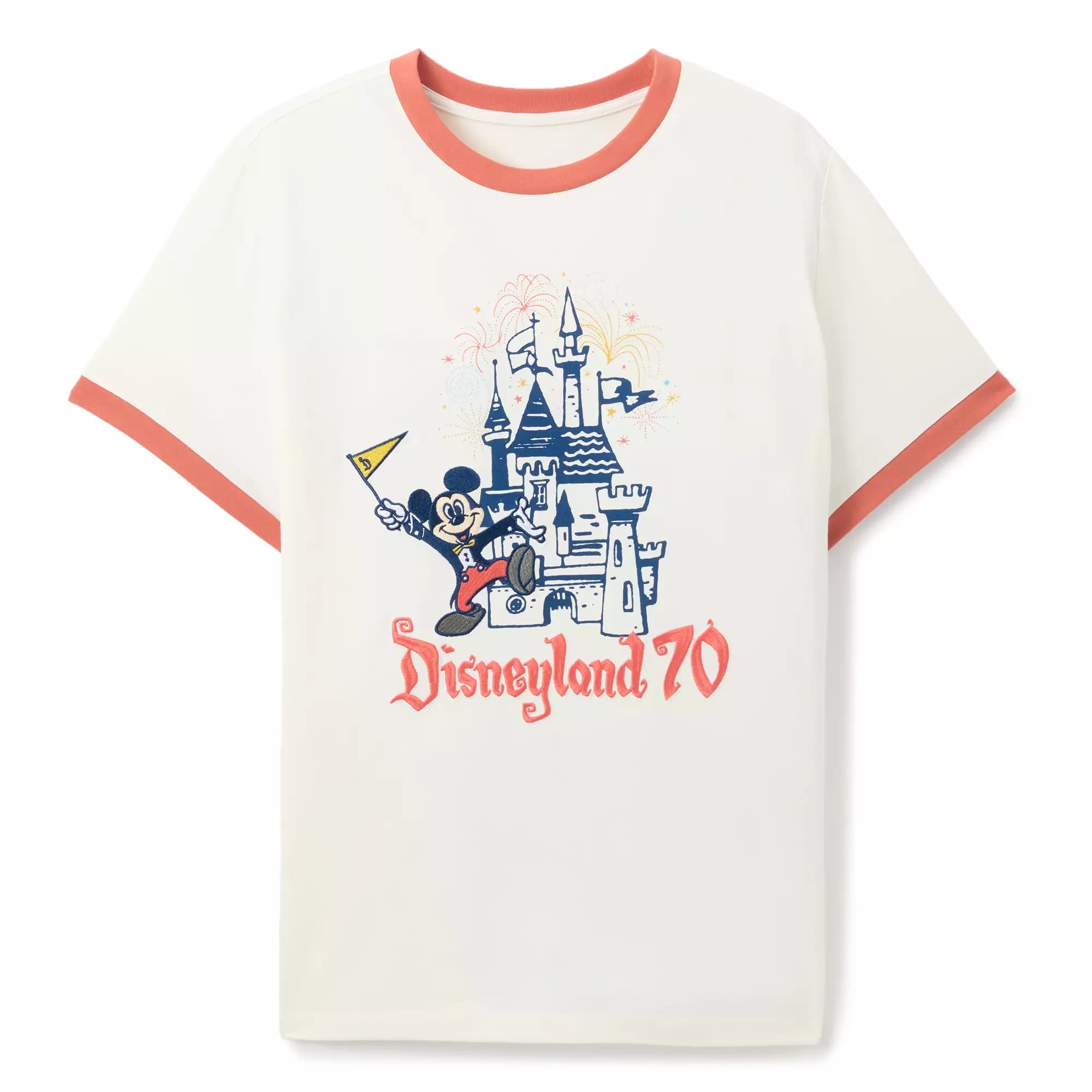 White T-shirt with red trim, featuring Mickey, a castle, and "Disneyland 70th Anniversary" text with fireworks.