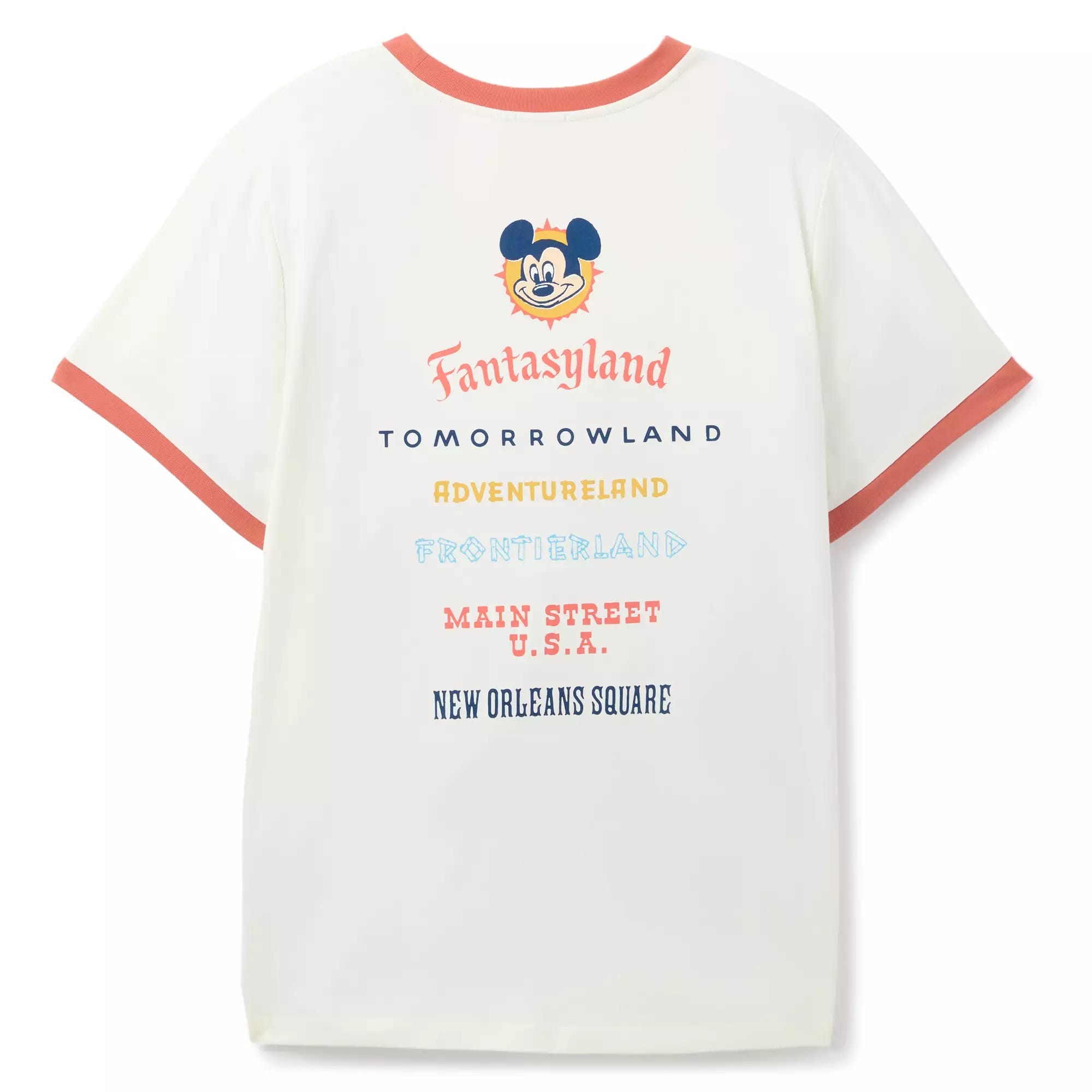 White T-shirt with orange trim, part of the Disneyland 70th Anniversary Mickey Maps Collection, lands printed on back.