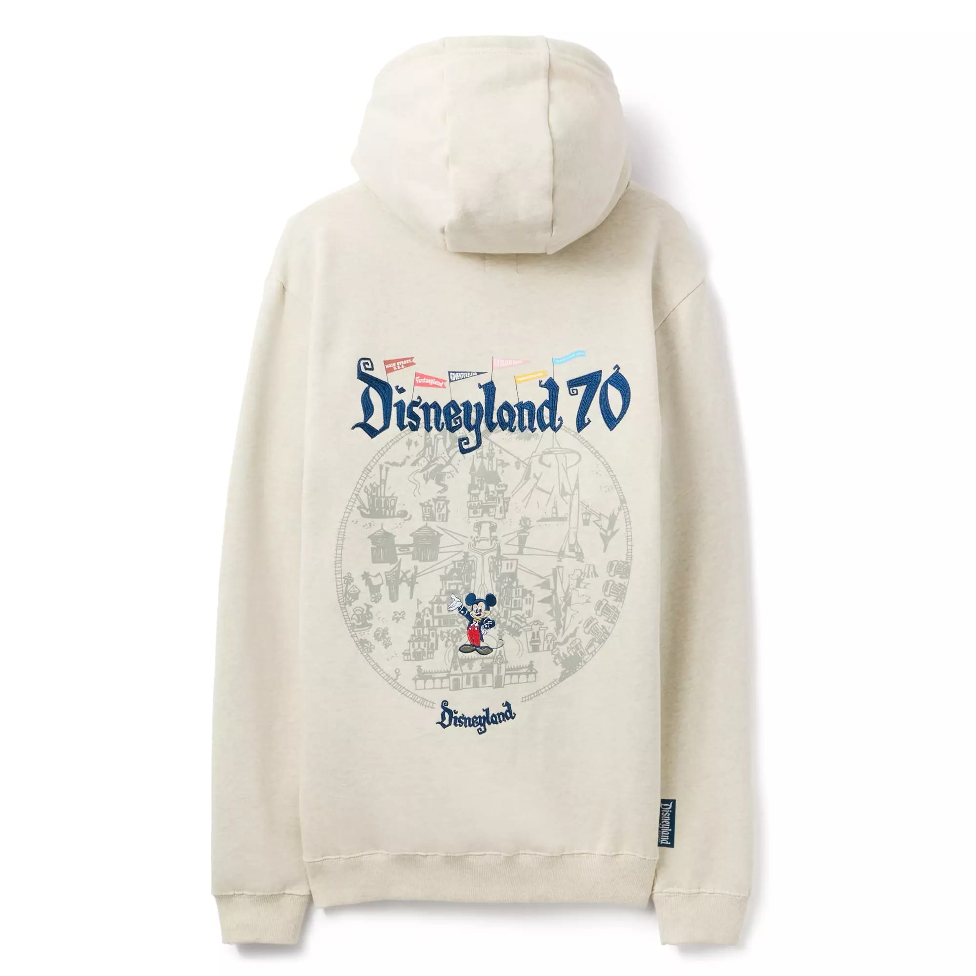 Cream hoodie with “Disneyland 70th Anniversary” and Mickey graphic from the Maps Collection on the back.