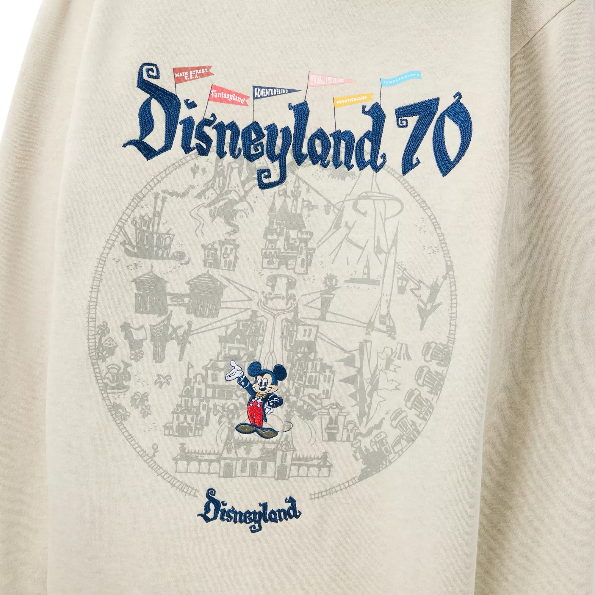 Beige sweatshirt from the Maps Collection featuring Mickey and a vintage Disneyland map with "Disneyland 70th Anniversary" text.